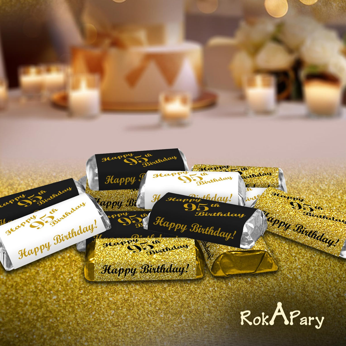 Happy 95th Birthday Miniatures Candy Bar Wrapper, (Set of 60) Mini Chocolate Candy Bar Stickers; 3 Designs: 24 Gold, 24 Black, 12 White, Candy Not