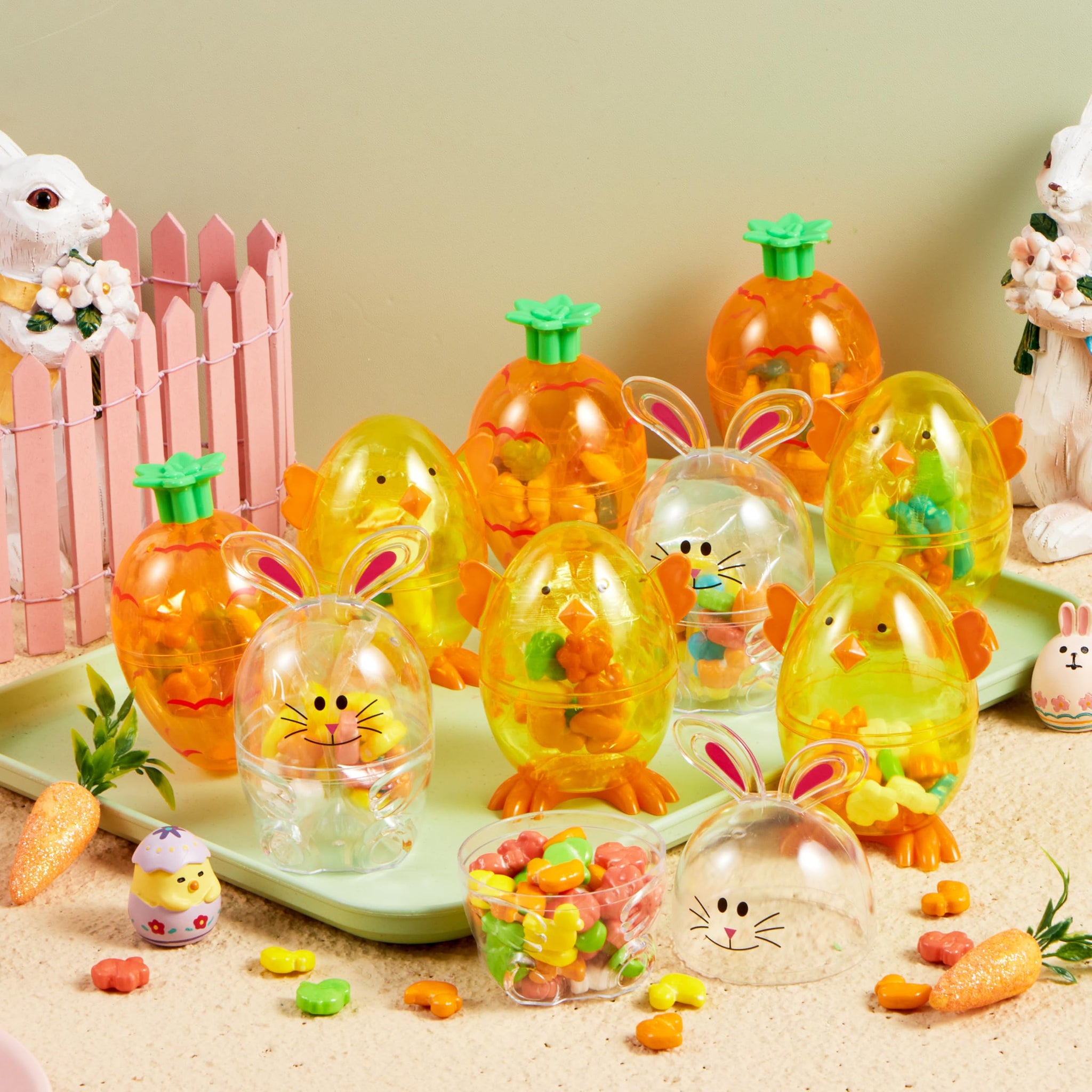 SYNCFUN 12pcs Easter Candy Filled Eggs Shell Carrot, Chick and Bunny Shaped, Includes Duck, Chick and Bunny Shaped Candies, Easter Basket Fillers