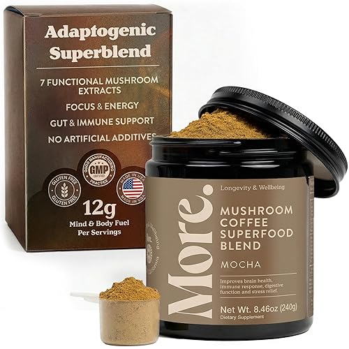 More. Longevity & Wellbeing Premium Mushroom Coffee Superfood - 7 Functional Mushroom Extracts with Lion’s Mane, Reishi, Chaga & Ashwagandha, Instant