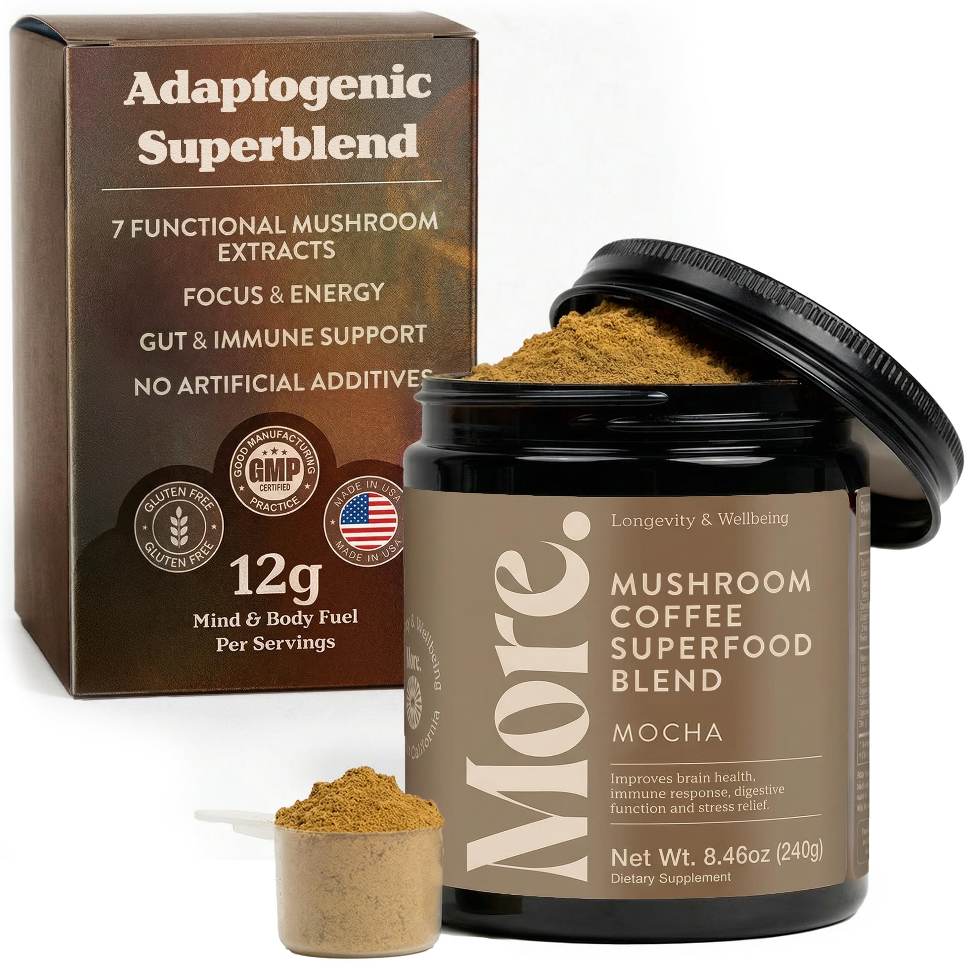 More. Longevity & Wellbeing Premium Mushroom Coffee Superfood - 7 Functional Mushroom Extracts with Lion’s Mane, Reishi, Chaga & Ashwagandha, Instant