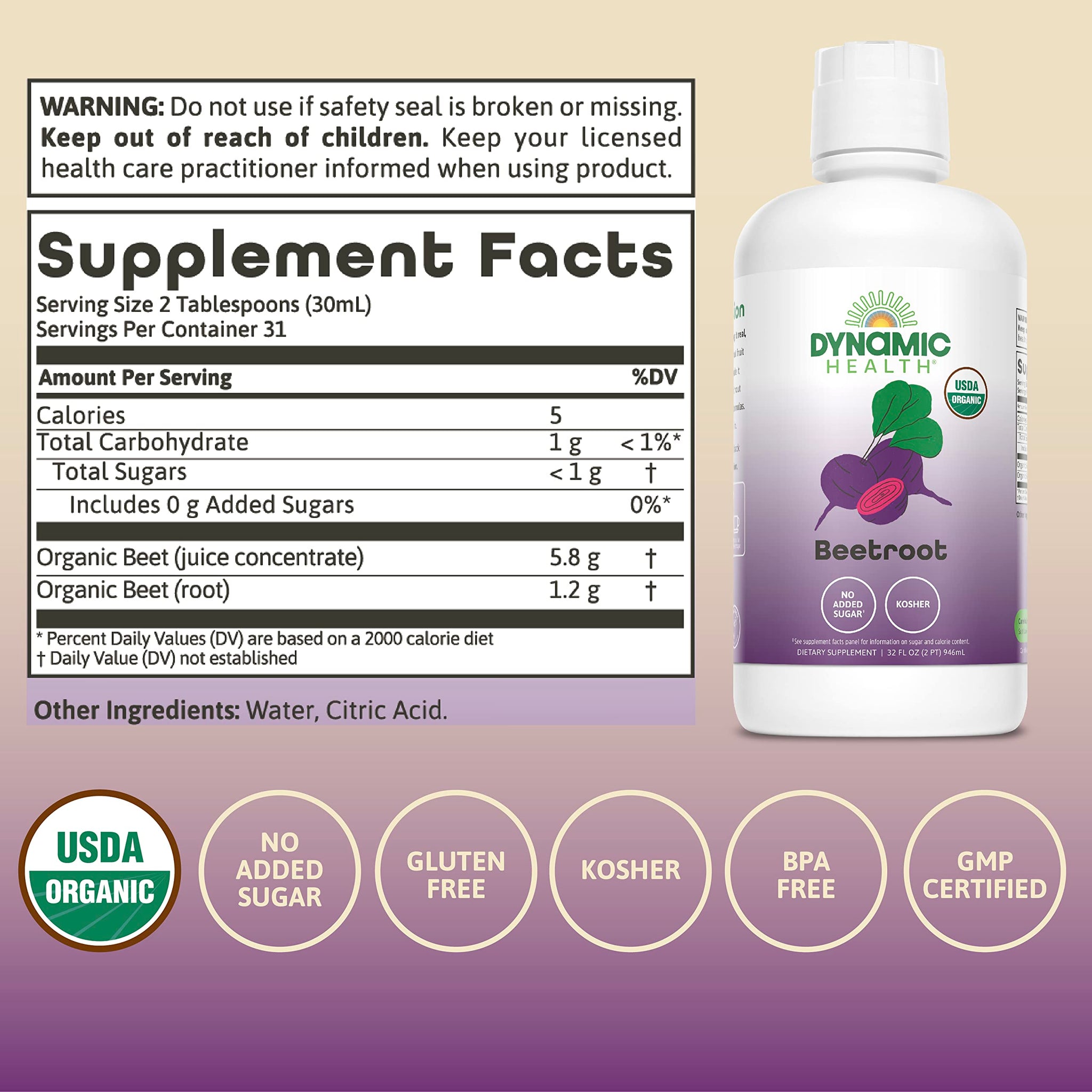 Dynamic Health Certified Organic Beetroot Juice Concentrate Dietary Supplement, No Added Sugar, Artificial Colors, Preservatives, BPA-Free