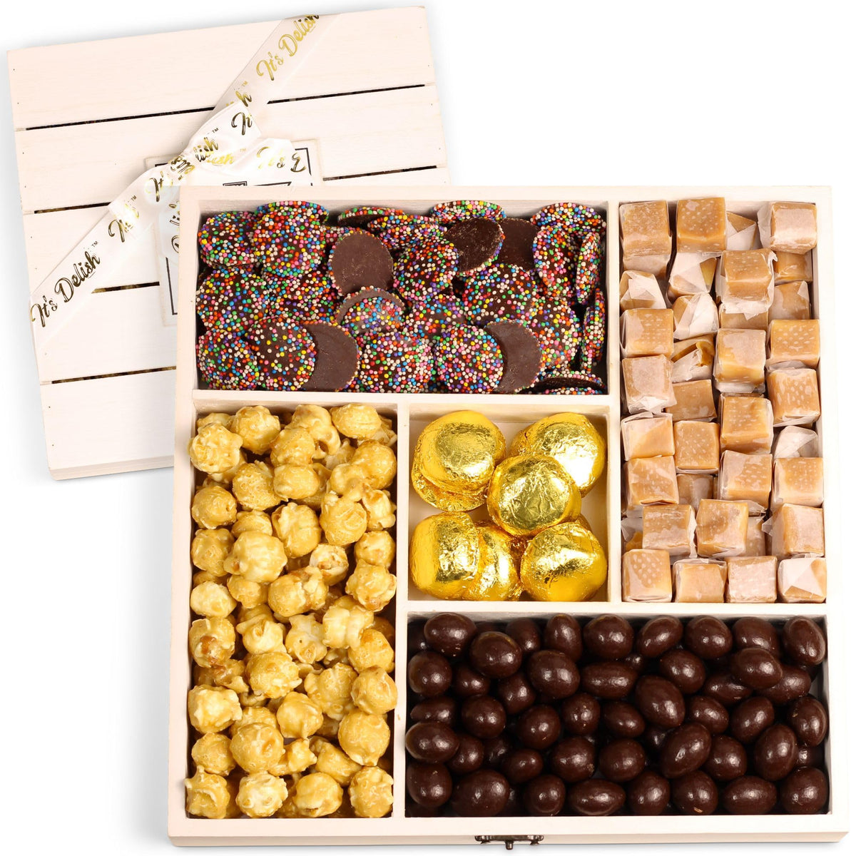 Classy Chocolate Candy Gift Tray - by It's Delish | Candy Gift Basket in Reusable Wooden Crate with Lid | Wood Platter with Holiday Treats and Candies