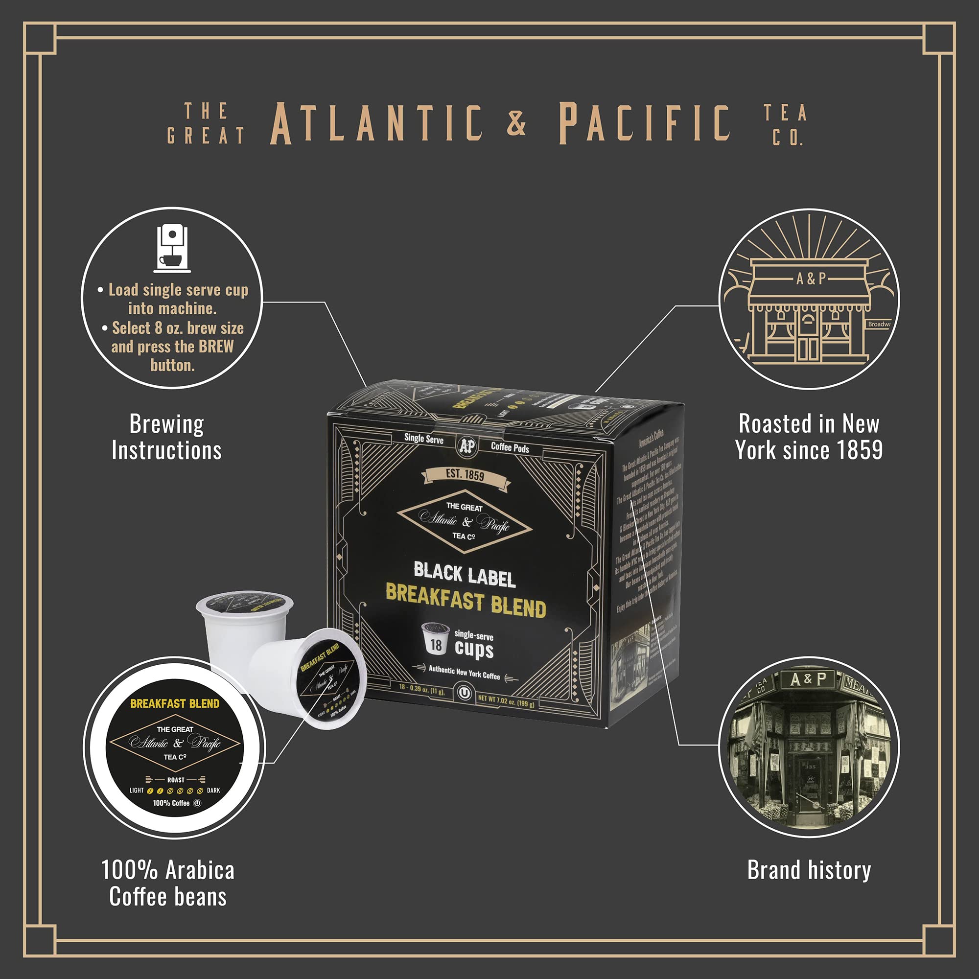 A&P Breakfast Blend Coffee Medium Roast Single Serve 18ct 100% Arabica, Compatible with 1.0 and 2.0 k-cup brewers (Breakfast Blend, 18 Count)