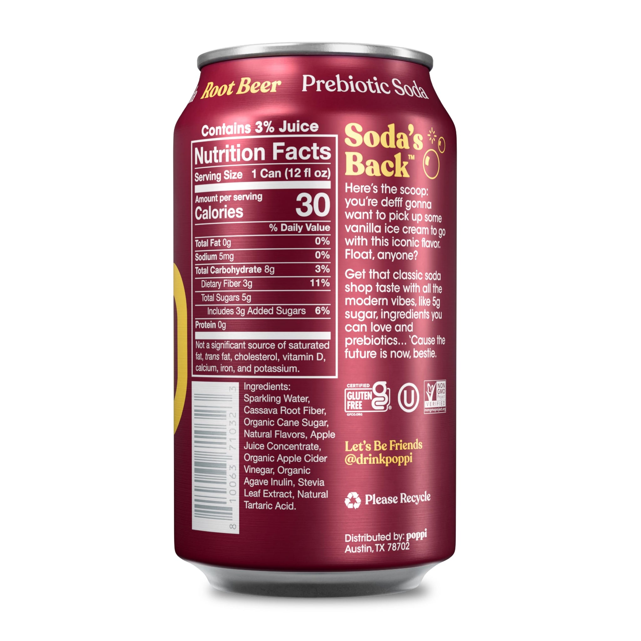Poppi Prebiotic Soda, Sparkling Water & Fruit Juice, Root Beer, 12 Oz, 12 Pack