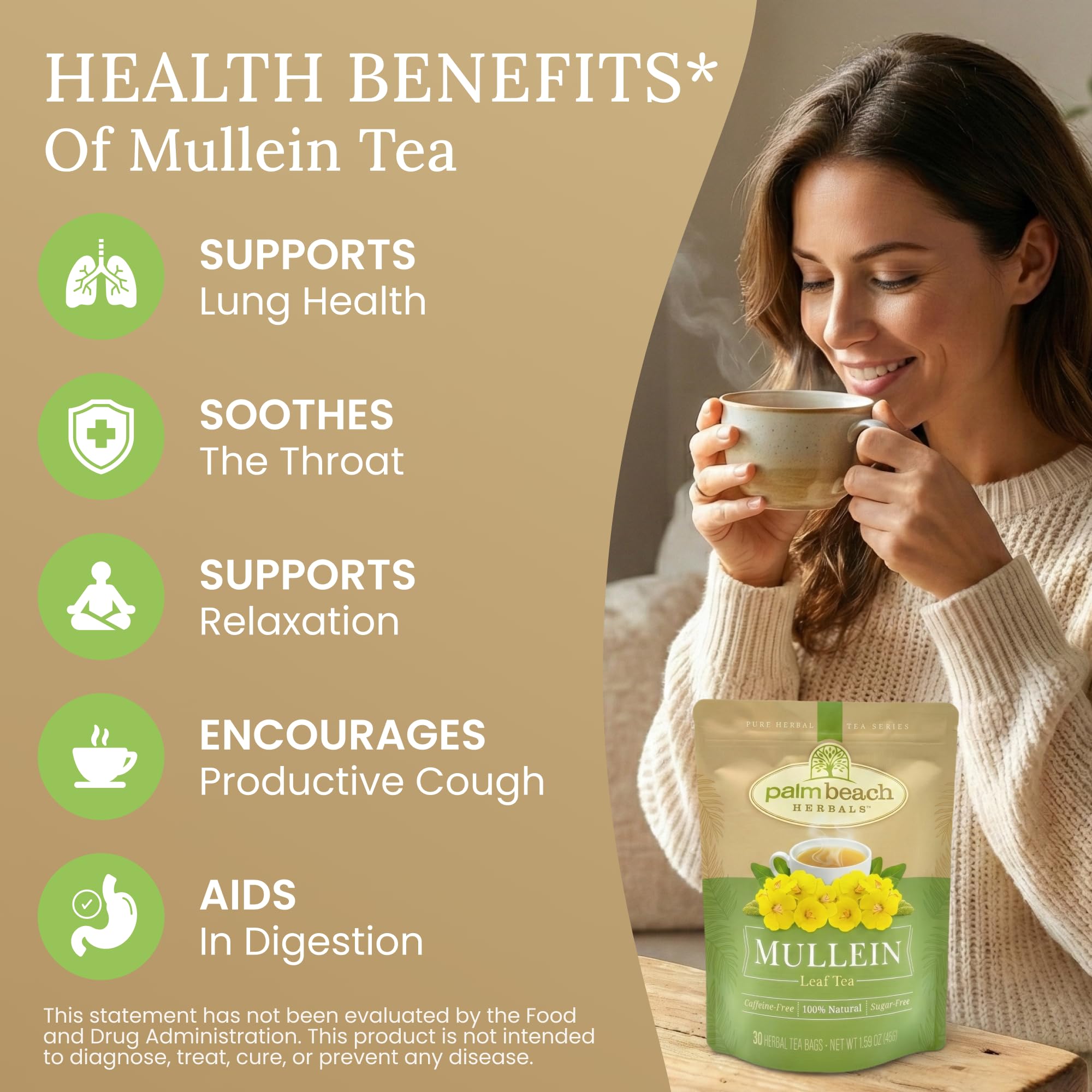 Palm Beach Medicinal Herbs Mullein Leaf Tea - Mullein Leaves for Respiratory and Wellness Support - Caffeine Free - Sugar Free - 30 Herbal Tea Bags