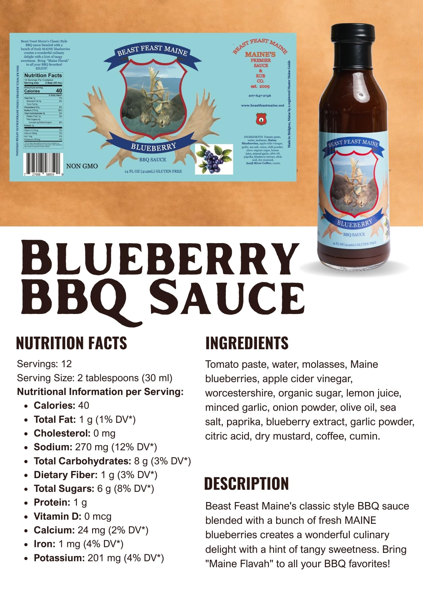Beast Feast Maine Blueberry BBQ Sauce, Made with Maine Blueberries, Tomato Paste, Molasses, Apple Cider Vinegar