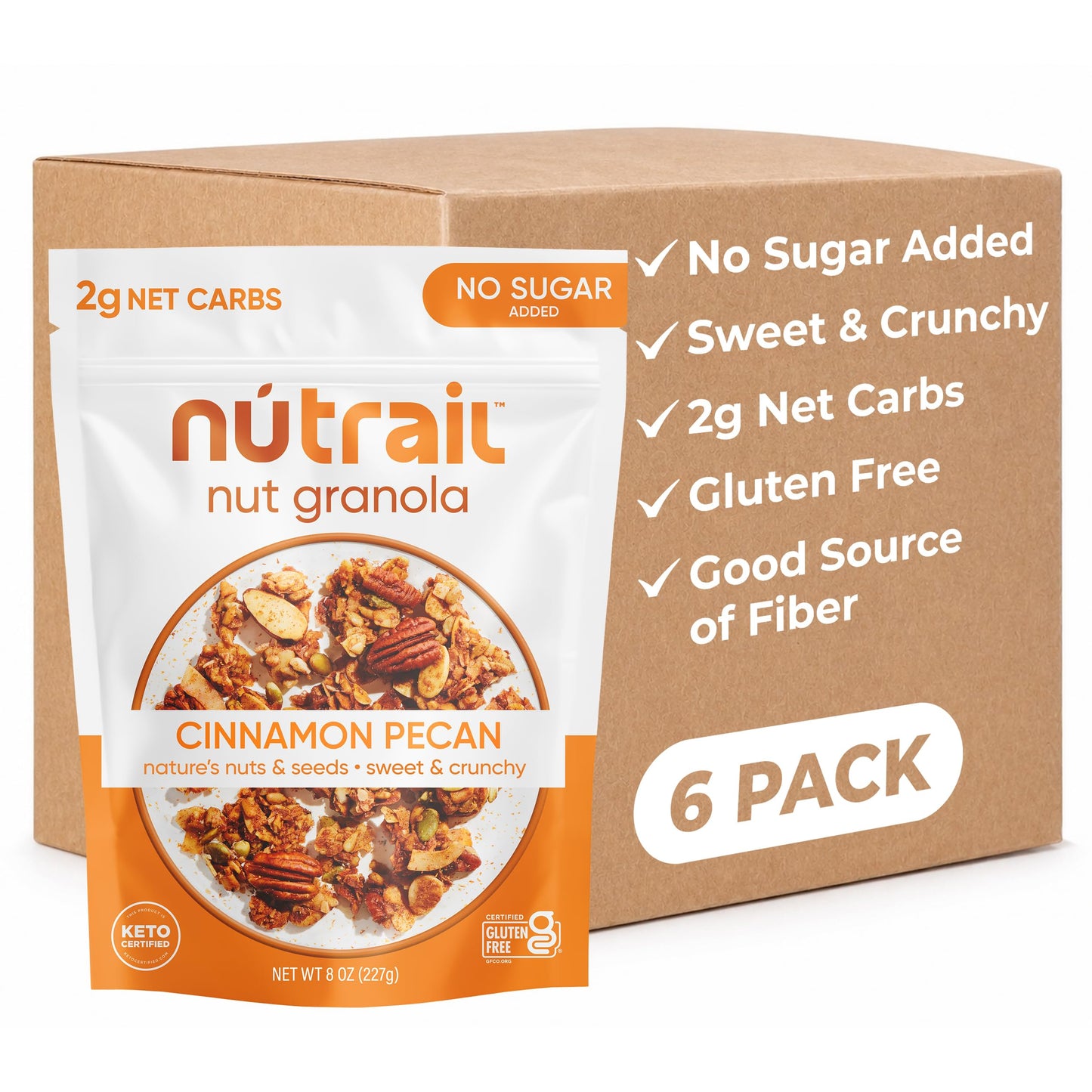 NuTrail Nut Granola Cereal, Cinnamon Pecan, No Sugar Added, Gluten Free, Grain Free, Keto, Low Carb, Healthy Breakfast Cereal 8 oz (Pack of 6)