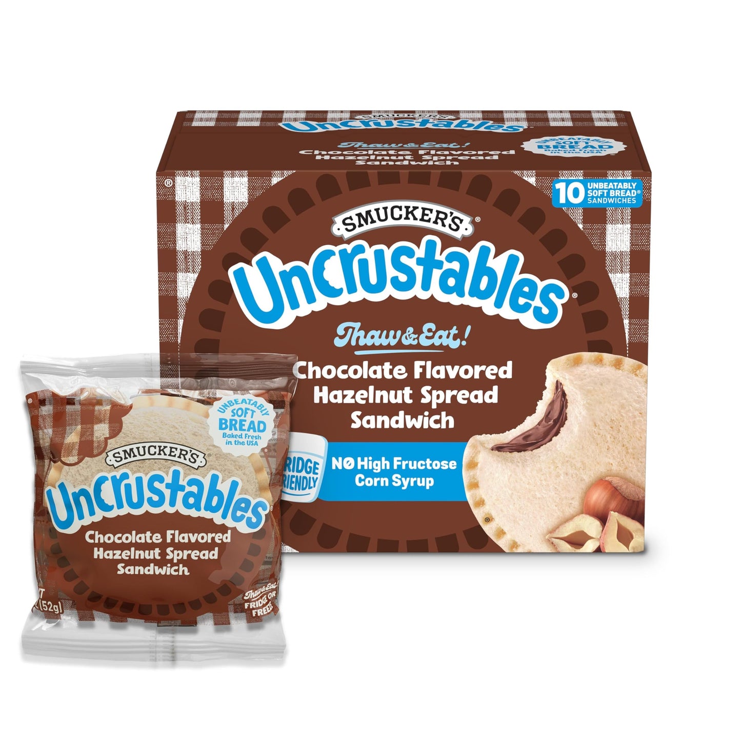 Smucker’s Uncrustables Chocolate Flavored Hazelnut Spread Sandwiches, 10 Count, 1.8 Oz. Each, Frozen