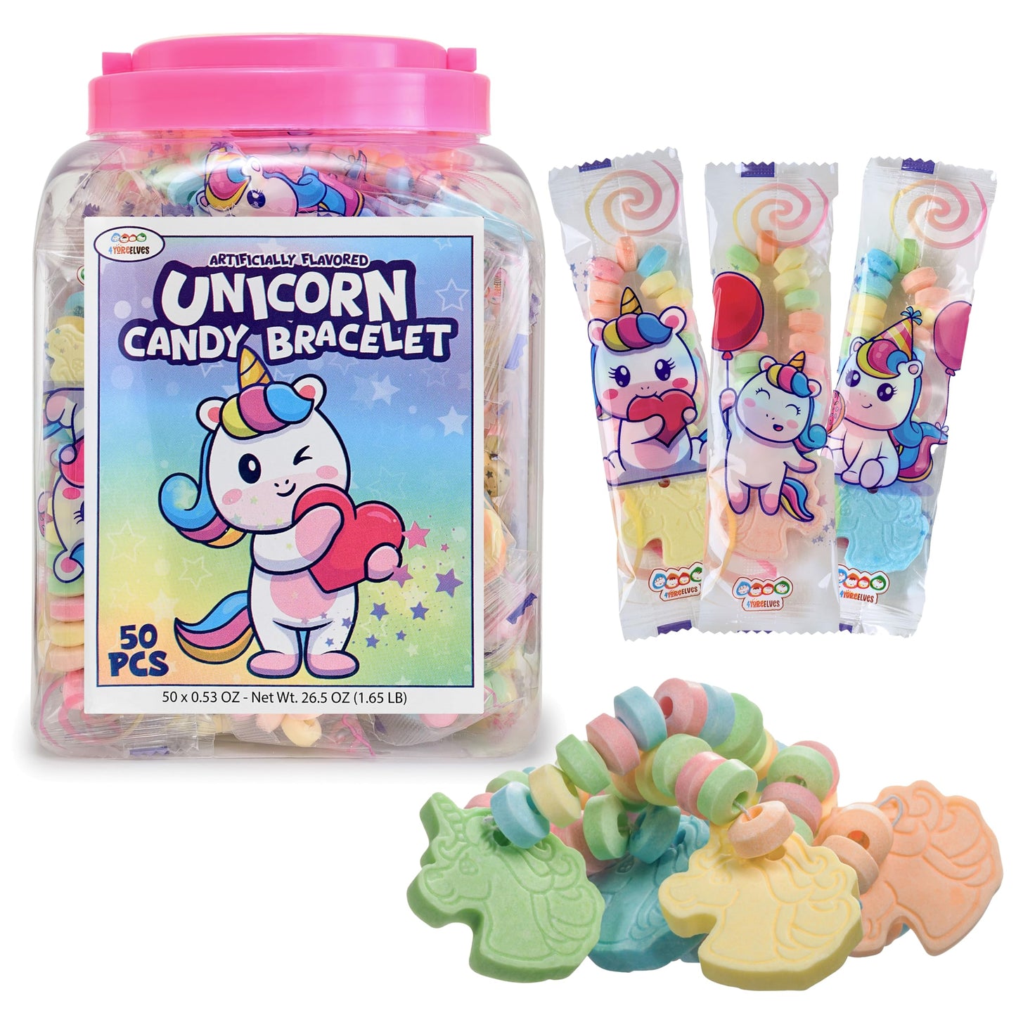 50 Unicorn Candy Bracelets, Individually Wrapped Candy Jewelry for your Unicorn Themed Party, Bulk Candy Perfect for Goody Bags, Party Favors
