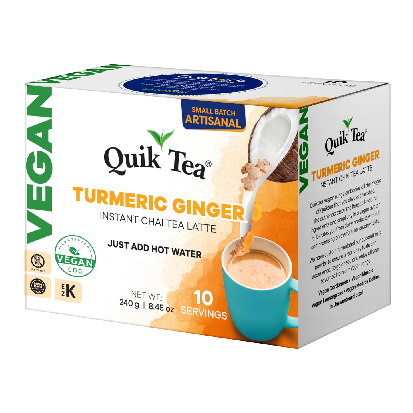 QuikTea Instant Vegan Turmeric Ginger Chai Tea Latte - 10 Count, earthy turmeric glow with zesty ginger warmth, low Caffeine, No artificial colors