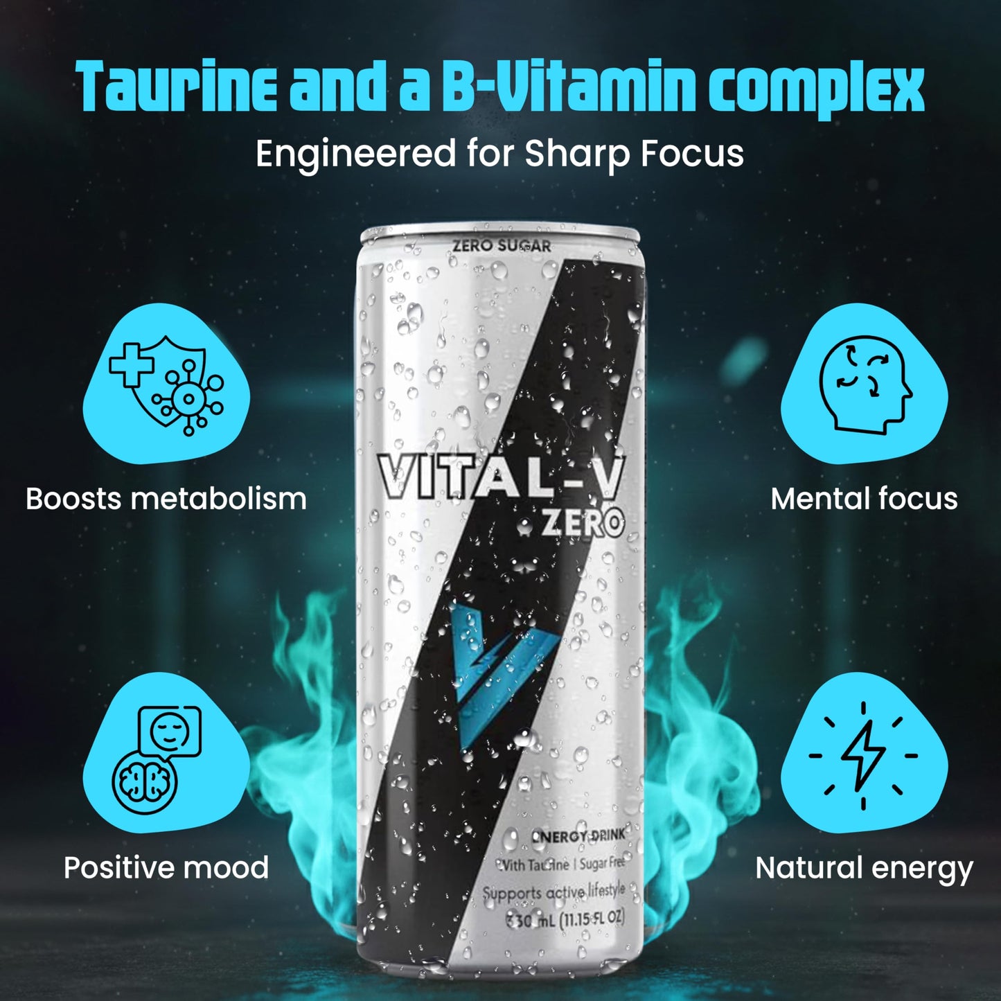 Vital-V Zero Premium Sugar Free Energy Drink with Taurine and B-Vitamins, 0 Calories