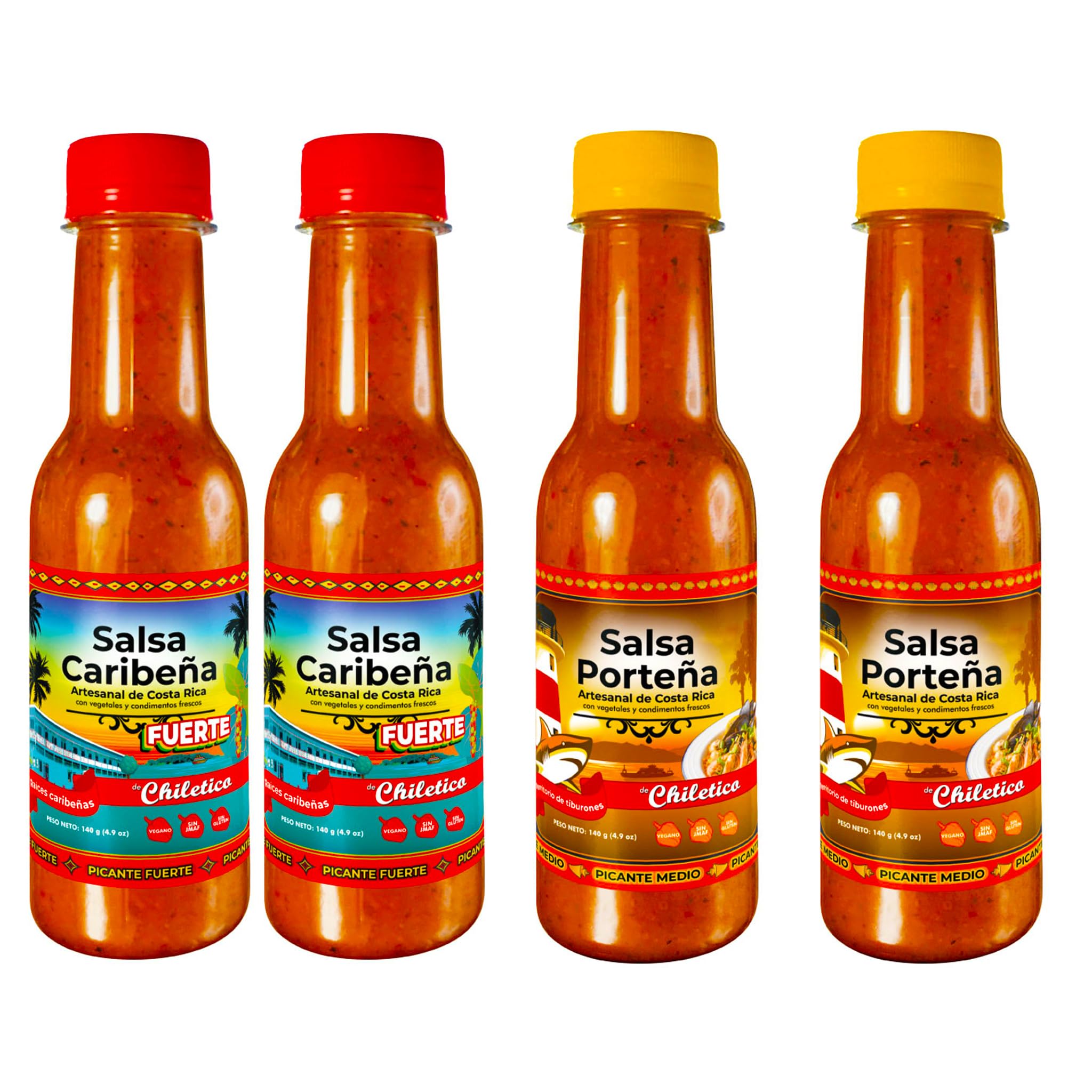 Chiletico Caribbean & Pacific Artisan Hot Sauce Combo - (2 Caribeña Hot + 2 Porteña) - Authentic Costa Rican Flavors - 4.9 oz Bottles - Total Net