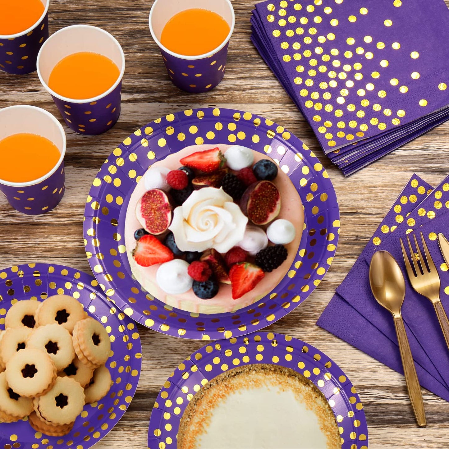 GuoZhiXin Purple and Gold Party Supplies 140 Pieces Golden Dot Disposable Party Dinnerware - Purple Paper Plates Napkins Cups, Gold Plastic Forks