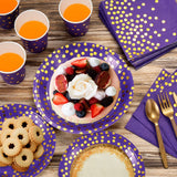 GuoZhiXin Purple and Gold Party Supplies 140 Pieces Golden Dot Disposable Party Dinnerware - Purple Paper Plates Napkins Cups, Gold Plastic Forks