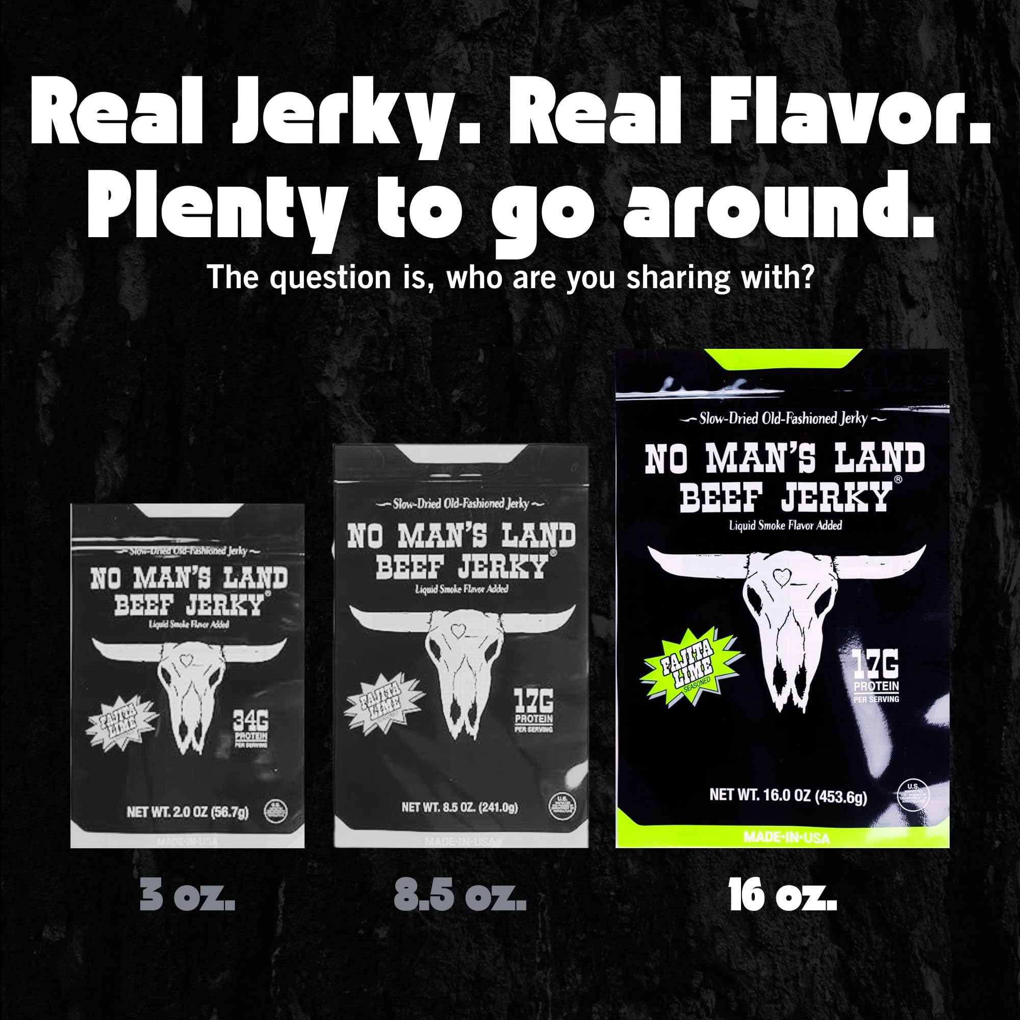No Mans Land Beef Jerky - Fajita Lime 16oz Bag | High Protein, Low Card, Low Calorie Beef Snack | Smoked & Seasoned Jerky Strips | Gluten Free