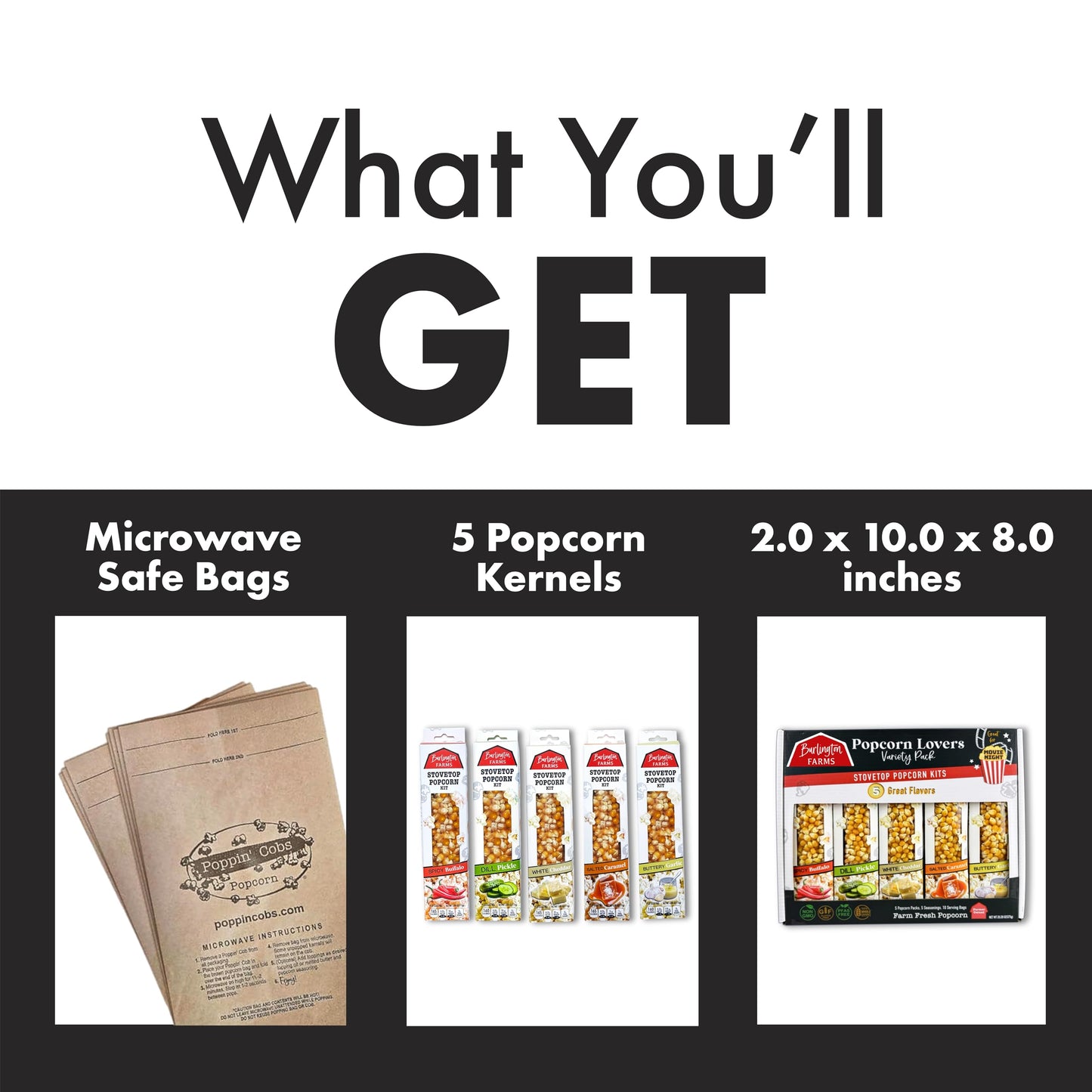 Burlington Farms Popcorn - Stovetop Kernels Flavor Variety Pack - Movie Lovers Gift Box 5 flavors in each package: White Cheddar, Salted Caramel