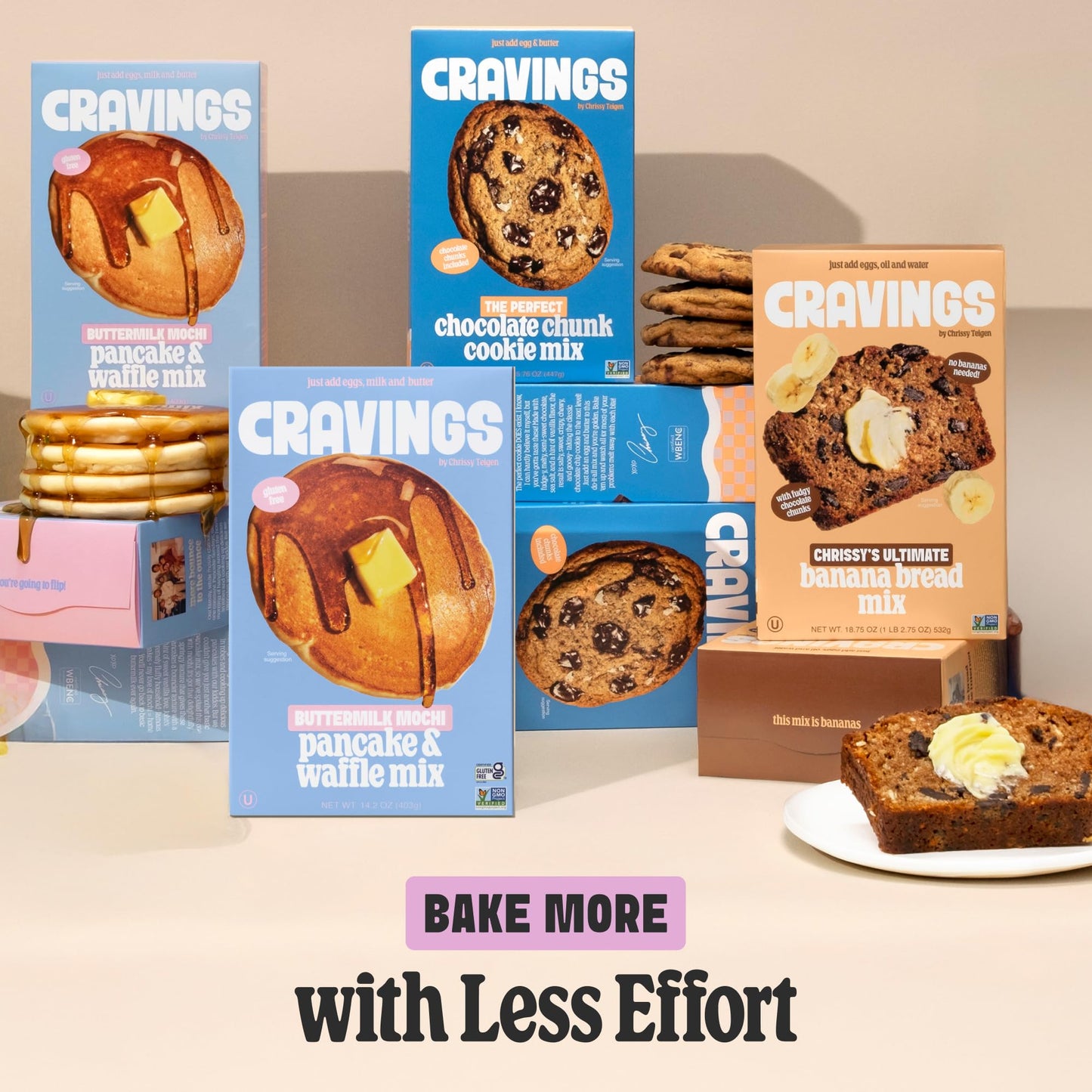 Cravings by Chrissy Teigen 3-Pack Baking Mix Set - Includes Banana Bread Mix, Chocolate Chip Cookie Mix, Mochi Pancake & Waffle Mix