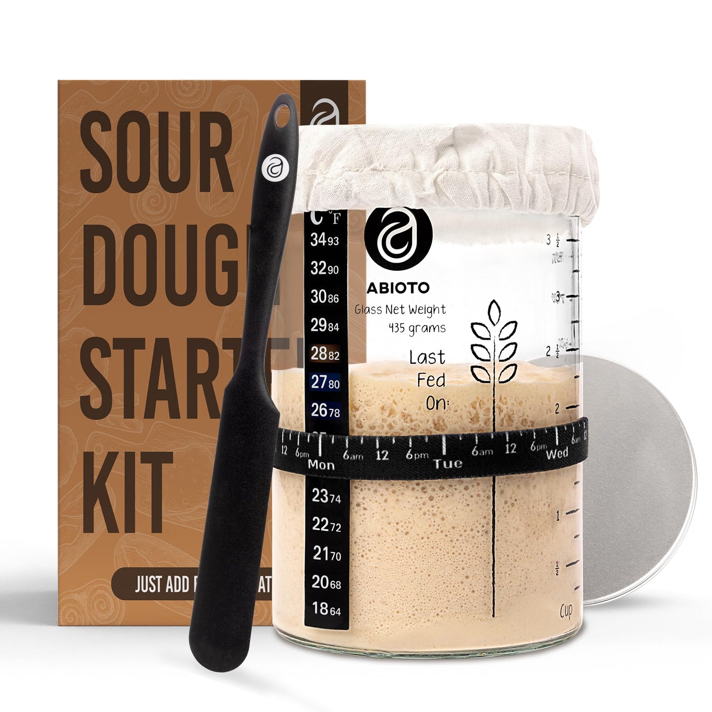 ABIOTO Sourdough Starter Jar Kit, Includes 34 oz Sourdough Starter Jar with Metallic Lid, Silicone Spatula, Feeding Tracker, Extra Thermometer Strips