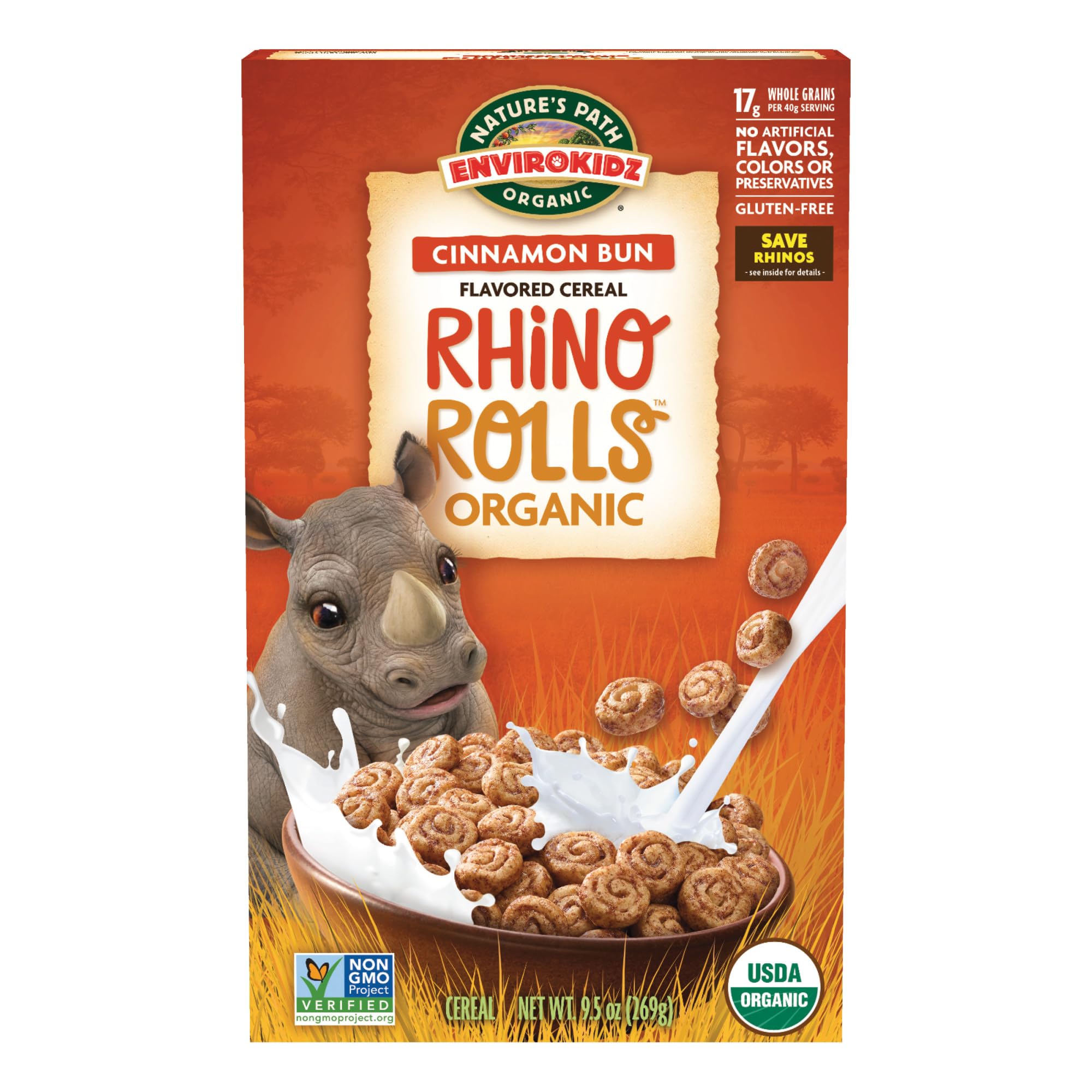 EnviroKidz Organic Rhino Rolls Cereal, 9.5 oz (Pack of 1), Cinnamon Bun, Whole Grain, Gluten Free, Non-GMO, by Nature's Path