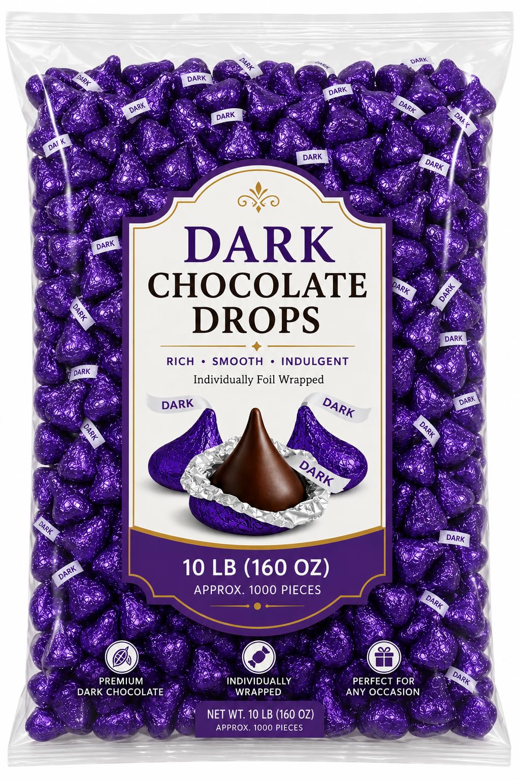 Foil Wrapped Dark Chocolate Candy Pieces Bulk Bag - 10 lb (Approx. 1000 pieces)