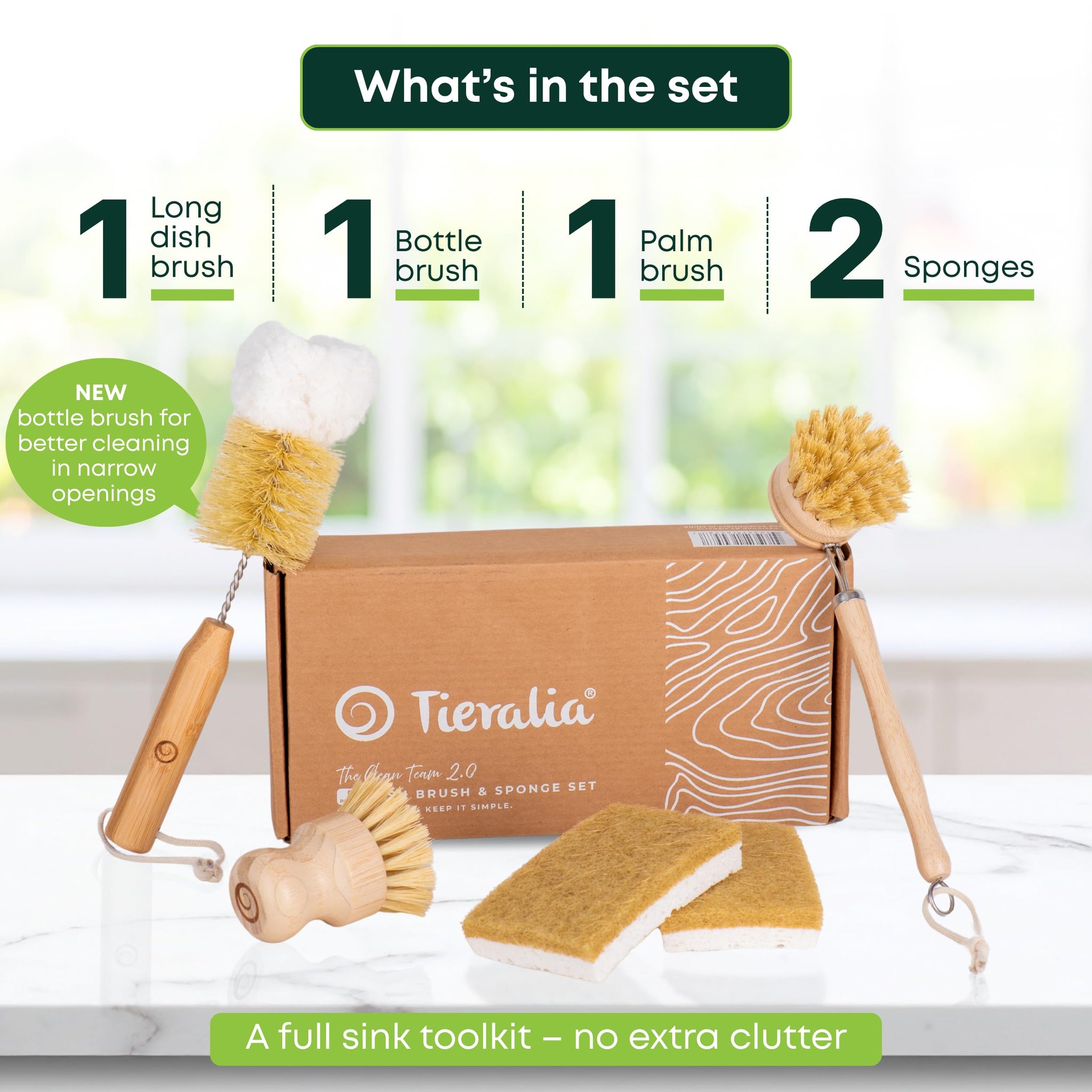 Tieralia Bamboo Dish Brush Set 5 Piece - Eco Friendly Kitchen Cleaning Kit with Bottle Brush, Long Dish Brush, Palm Scrubber & 2 Plant-Based Sponges |