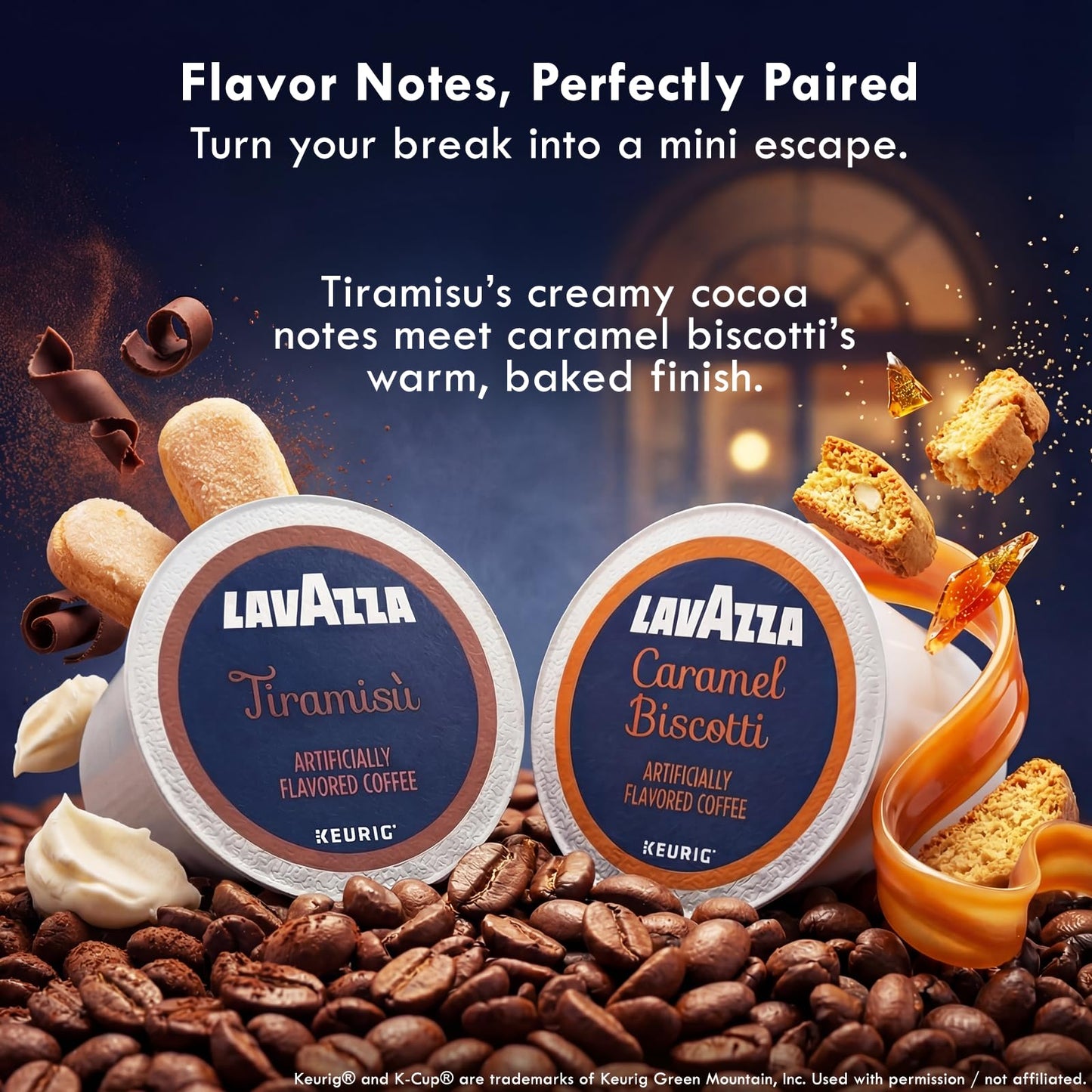 Lavazza Flavored K-Cup Coffee Pods Variety Pack for Keurig - Dessert Inspired Tiramisu & Caramel Biscotti, Light-Medium Roast, 40 Count (Pack of 2)