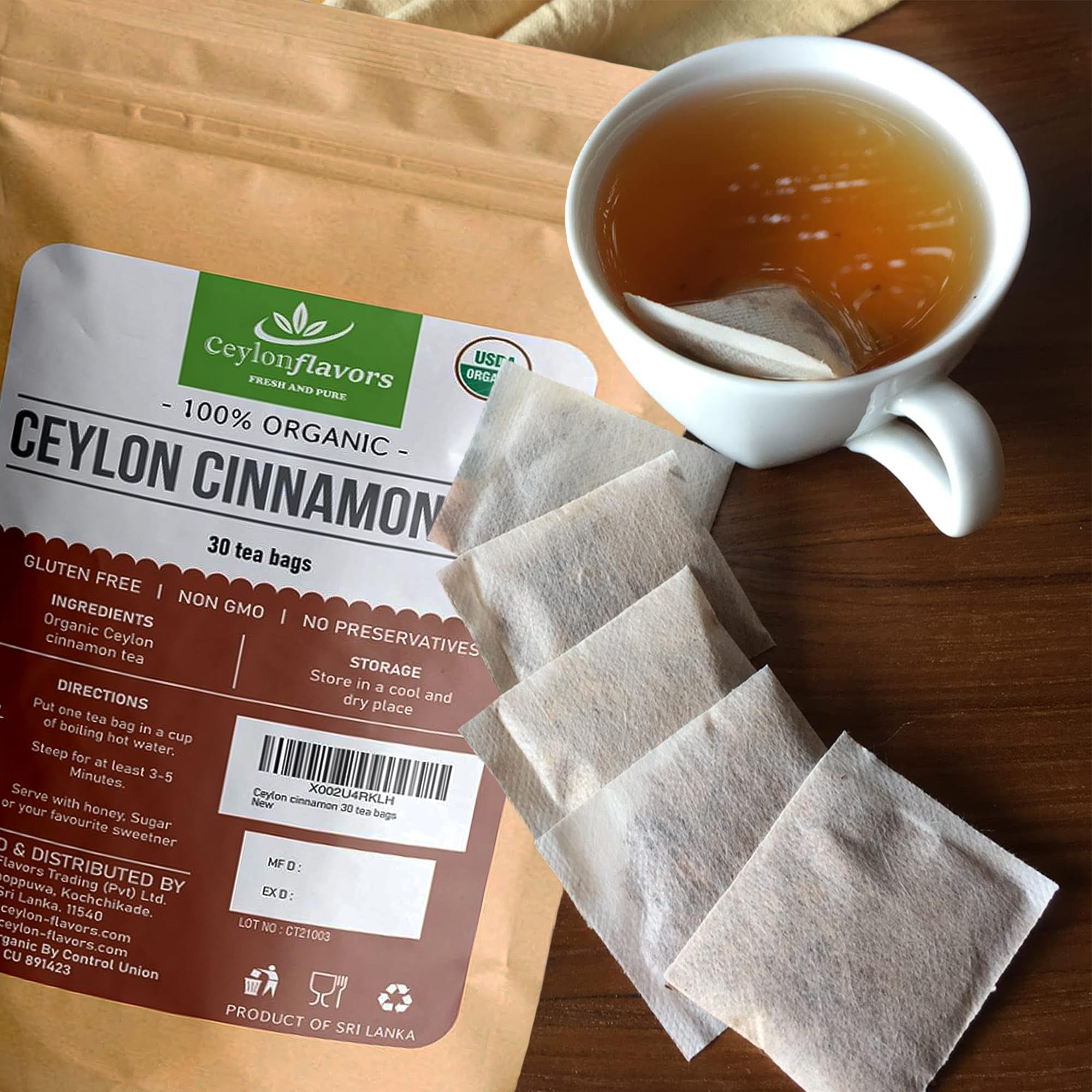 Ceylon Flavors Fresh and Pure Organic Ceylon Cinnamon 30 Tea Bags From Sri Lanka USDA Certified