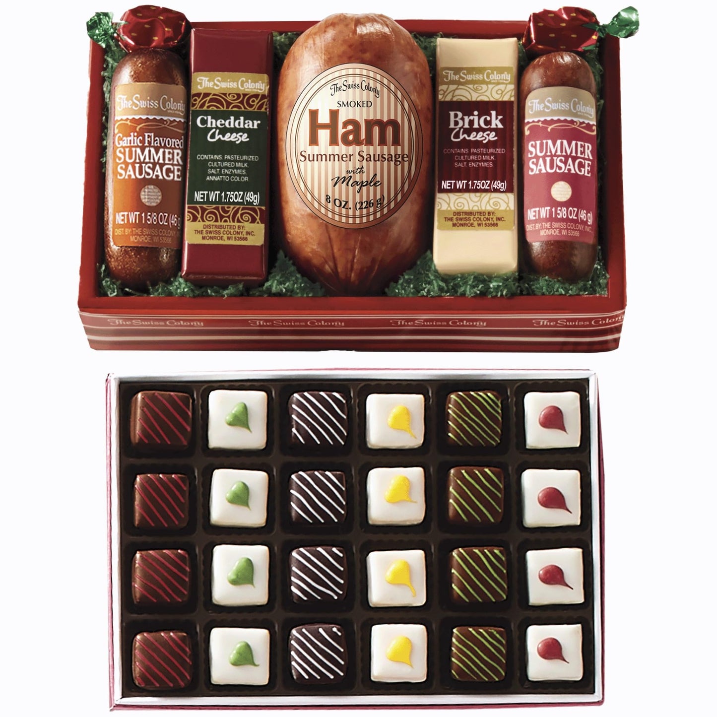 The Swiss Colony High 5 Food Bundle - Assorted Summer Sausages and Cheeses with Christmas Petits Fours - Assorted Chocolate and Mini Layer Cakes