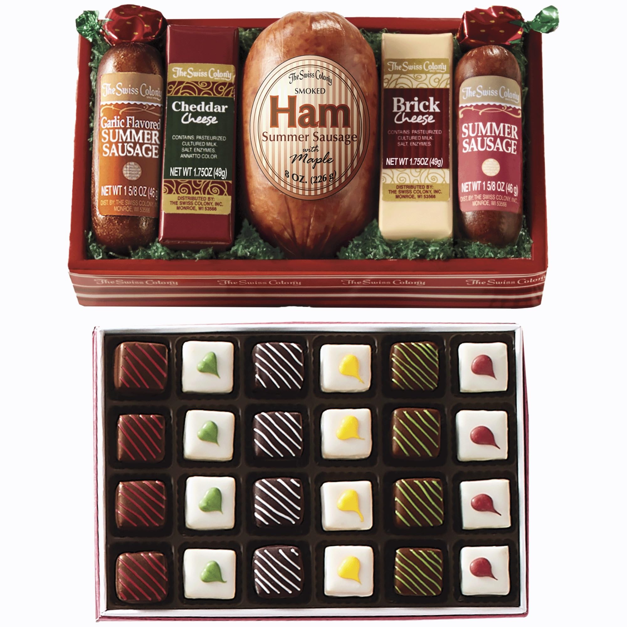 The Swiss Colony High 5 Food Bundle - Assorted Summer Sausages and Cheeses with Christmas Petits Fours - Assorted Chocolate and Mini Layer Cakes