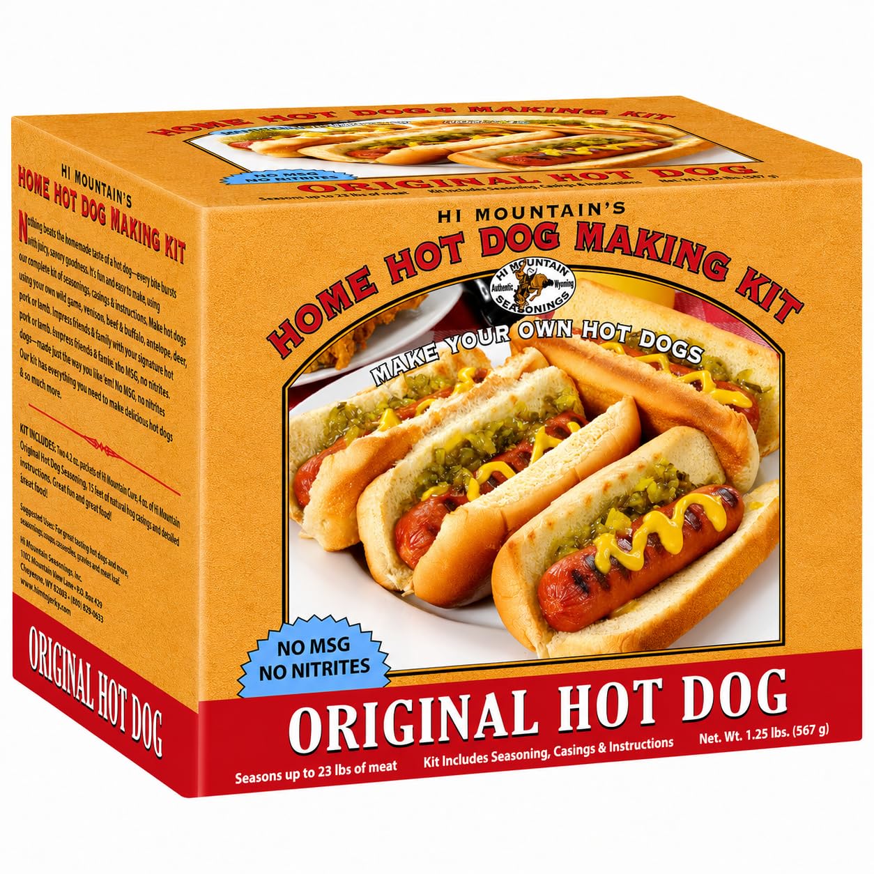 Hi Mountain Seasonings ? ORIGINAL HOT DOG Making Kit ? Includes Seasoning, Collagen Casings, and Simple-to-Follow Directions ? Creates 23 lbs