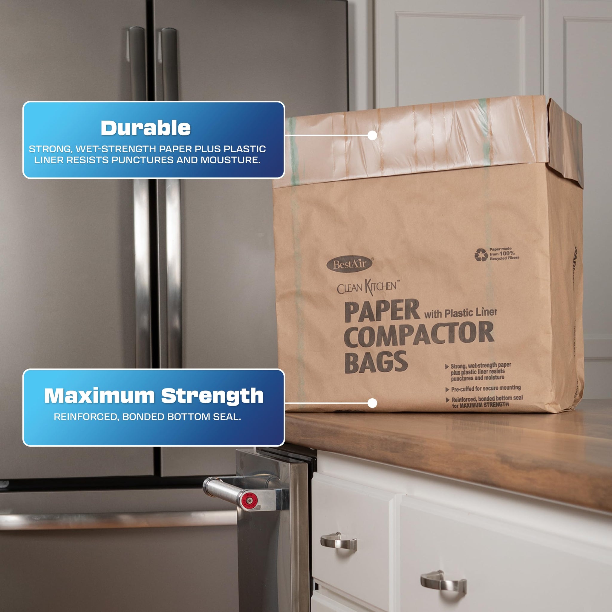 BestAir Heavy Duty Trash Compactor Bags (8-Pack) | Reinforced Bottom Seal | Wet-Strength Paper with Plastic Liner | Pre-Cuffed Flat Top for Secure Fit