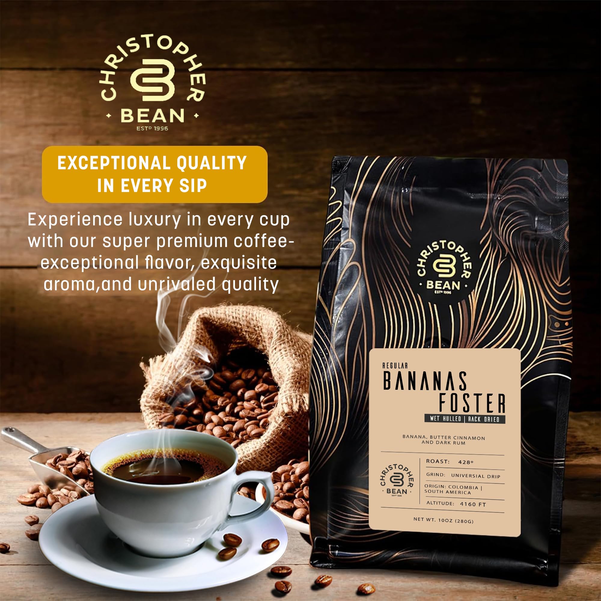Christopher Bean Coffee - Certified Kosher - Regular Ground Universal Drip Bananas Foster Flavored Coffee | Coffee Beans with Medium Roast 100%