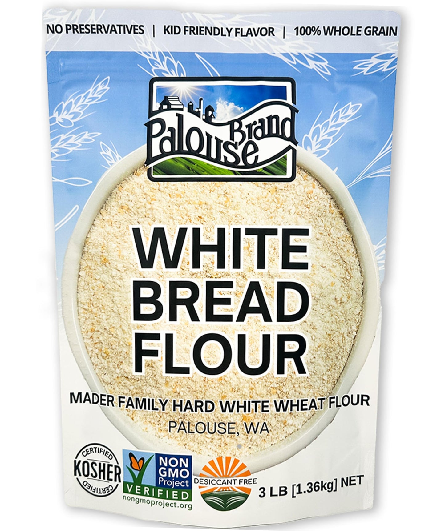 Palouse Brand Certified Glyphosate Residue Free Bread Flour | 3 LBS | Whole Grain | Stone Ground | Non-GMO | 100% Non-Irradiated | Kosher | USA Grown