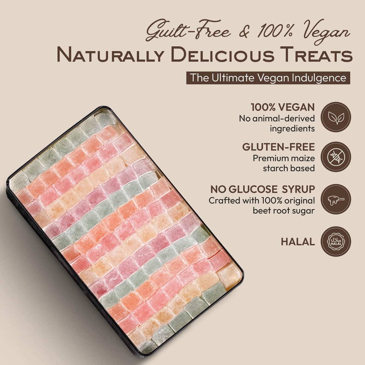 Mughe Gourmet Turkish Delight Candy Elegant Gift Tin Box - 1.65lb-750g - Halal Vegan Lokum Fruit Flavors Rose, Strawberry, Lemon, Orange, Mint - Gift