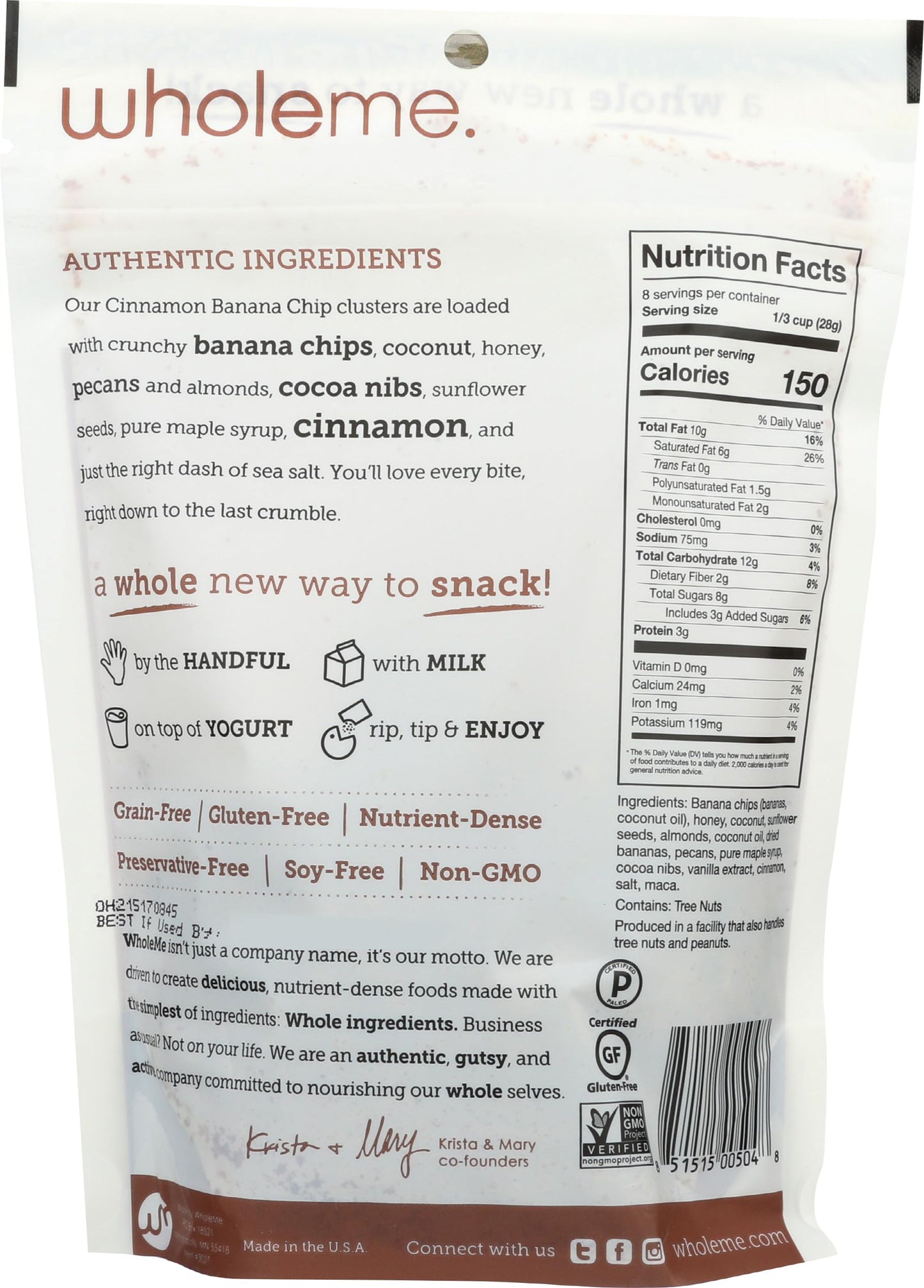 WholeMe, Cinnamon Banana Chip Grain-Free Clusters, 8 oz