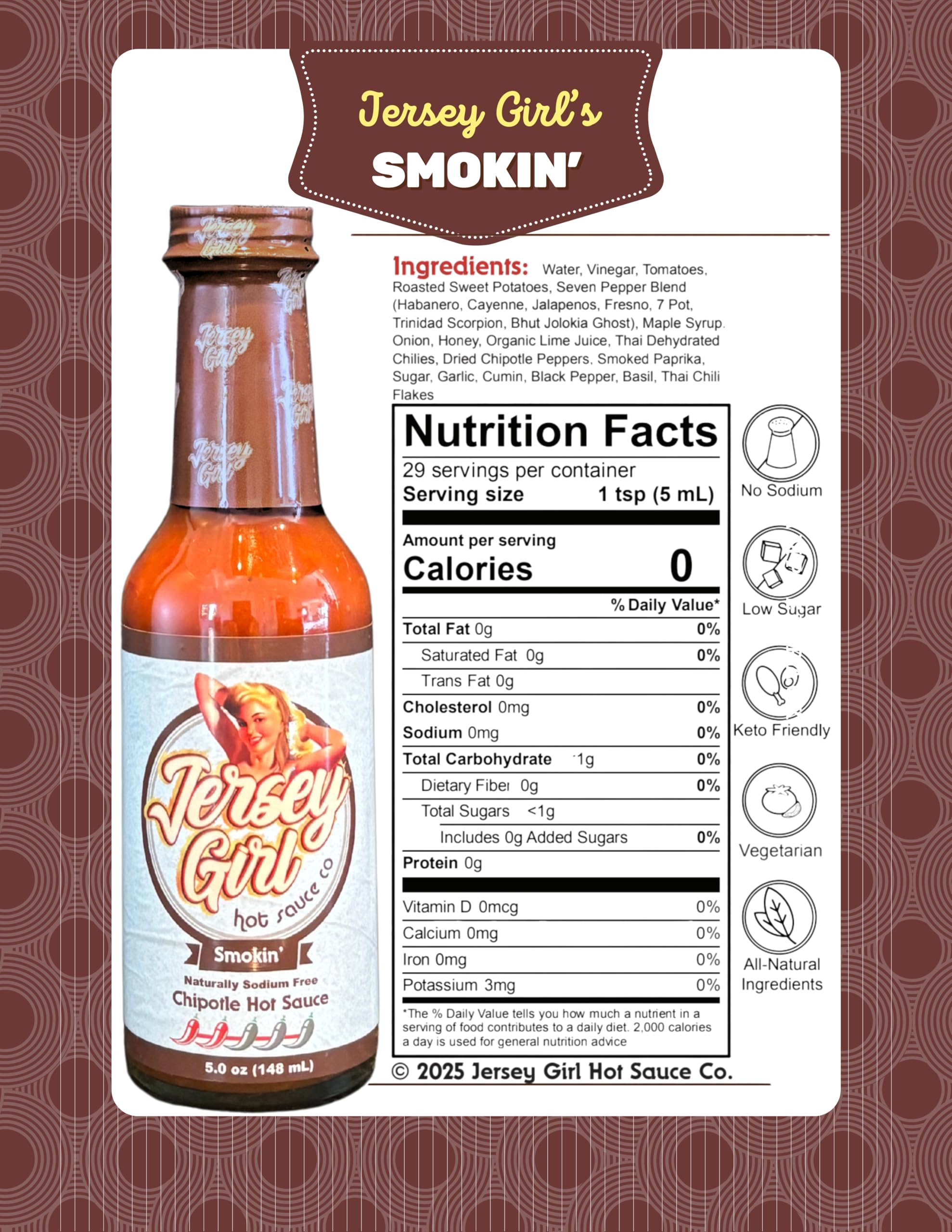 Jersey Girl Smokin’ Chipotle Hot Sauce - Sweet, Smoky & Mild Heat (Naturally Sodium/Salt Free)