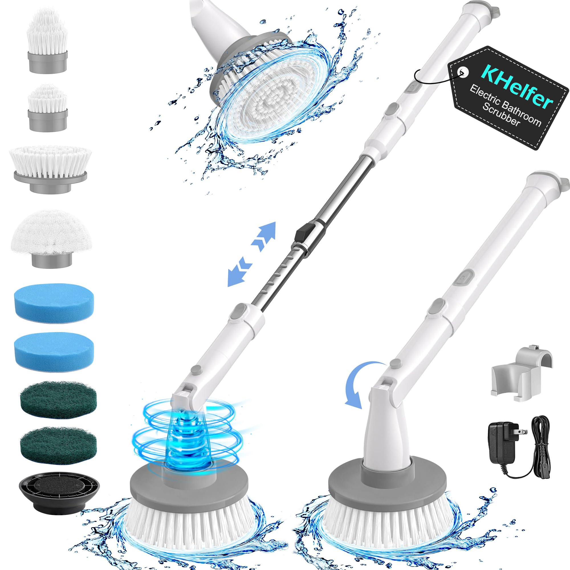 kHelfer Electric Spin Scrubber Kh8, Upgrade Cordless Shower Scrubber 8 Replacement Head, 1.5H Bathroom Scrubber Dual Speed, Shower Cleaning Brush