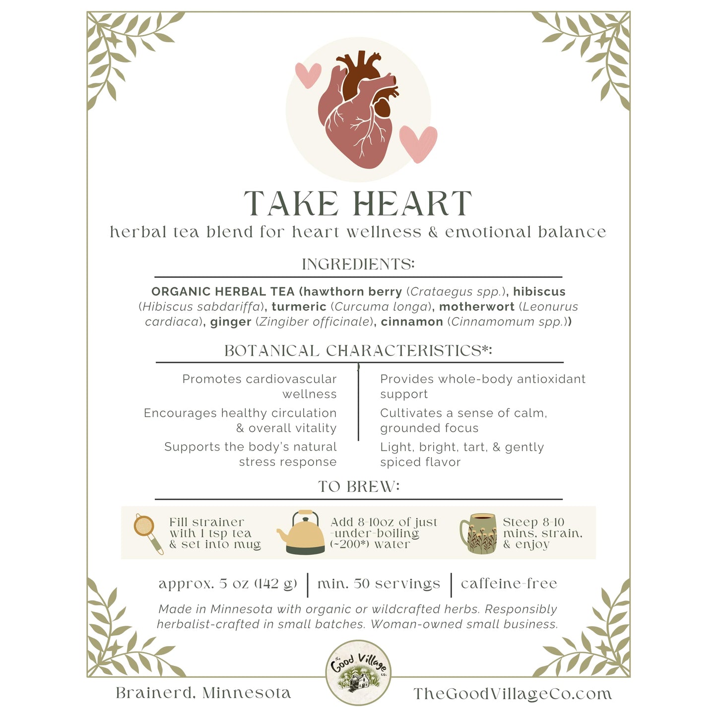 The Good Village Co. Take Heart Loose Leaf Herbal Tea, Caffeine Free Botanical Blend with Rose, Hibiscus & Mild Botanicals, 5 oz, Approx. 50 Servings