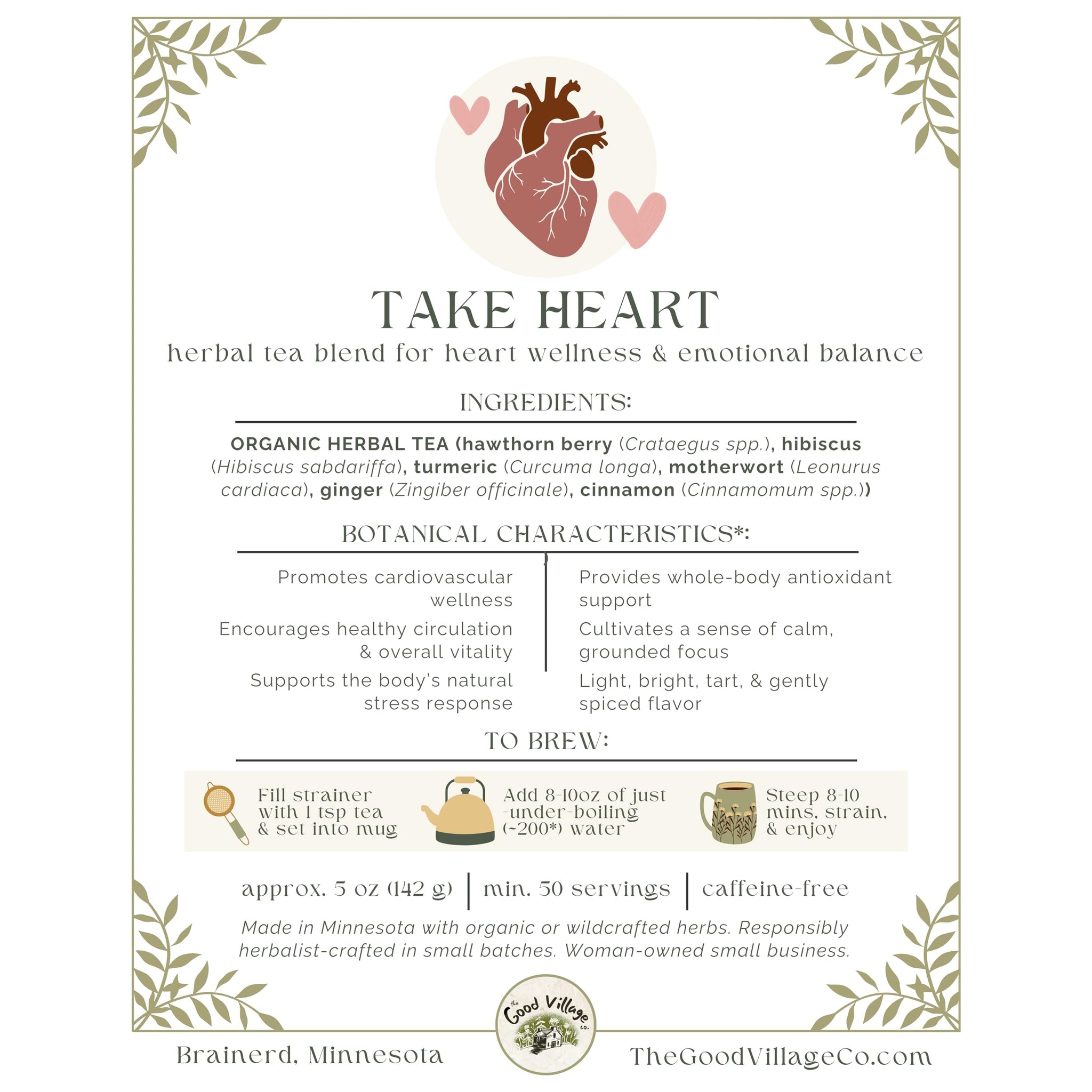 The Good Village Co. Take Heart Loose Leaf Herbal Tea, Caffeine Free Botanical Blend with Rose, Hibiscus & Mild Botanicals, 5 oz, Approx. 50 Servings