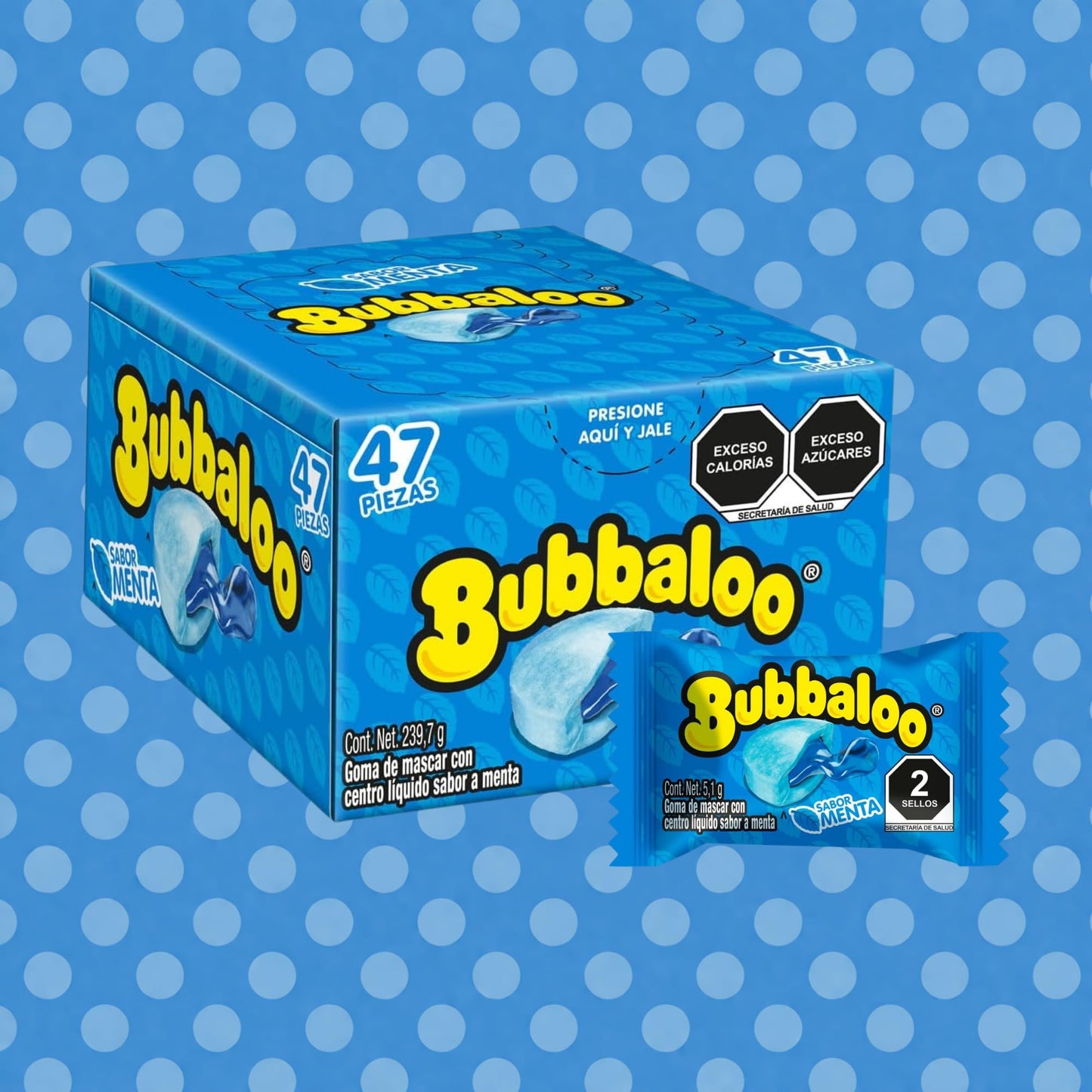 Bubbaloo Gum Variety Pack Box 47 Pieces Each (3 Boxes - Mint, Strawberry & Tutti Frutti) Liquid Center Chewing Gum Dulces Mexicanos Chicles Surtidos