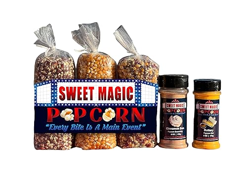 Sweet Magic Popcorn "The Celebration Package" - Kernels and Seasonings Variety Pack (set of 5) - 3 Non-GMO 16oz Popcorn Kernel Bags (Purple