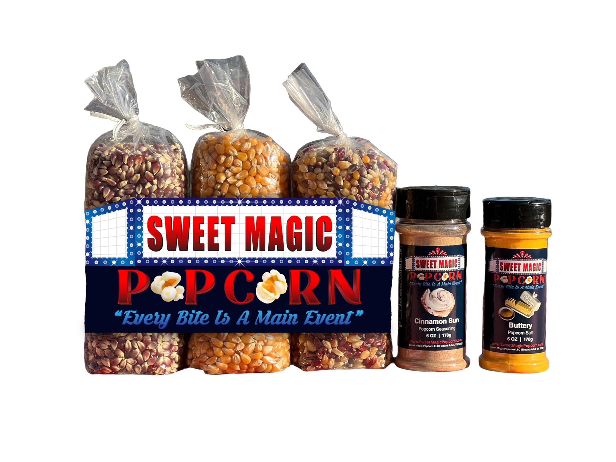 Sweet Magic Popcorn "The Celebration Package" - Kernels and Seasonings Variety Pack (set of 5) - 3 Non-GMO 16oz Popcorn Kernel Bags (Purple