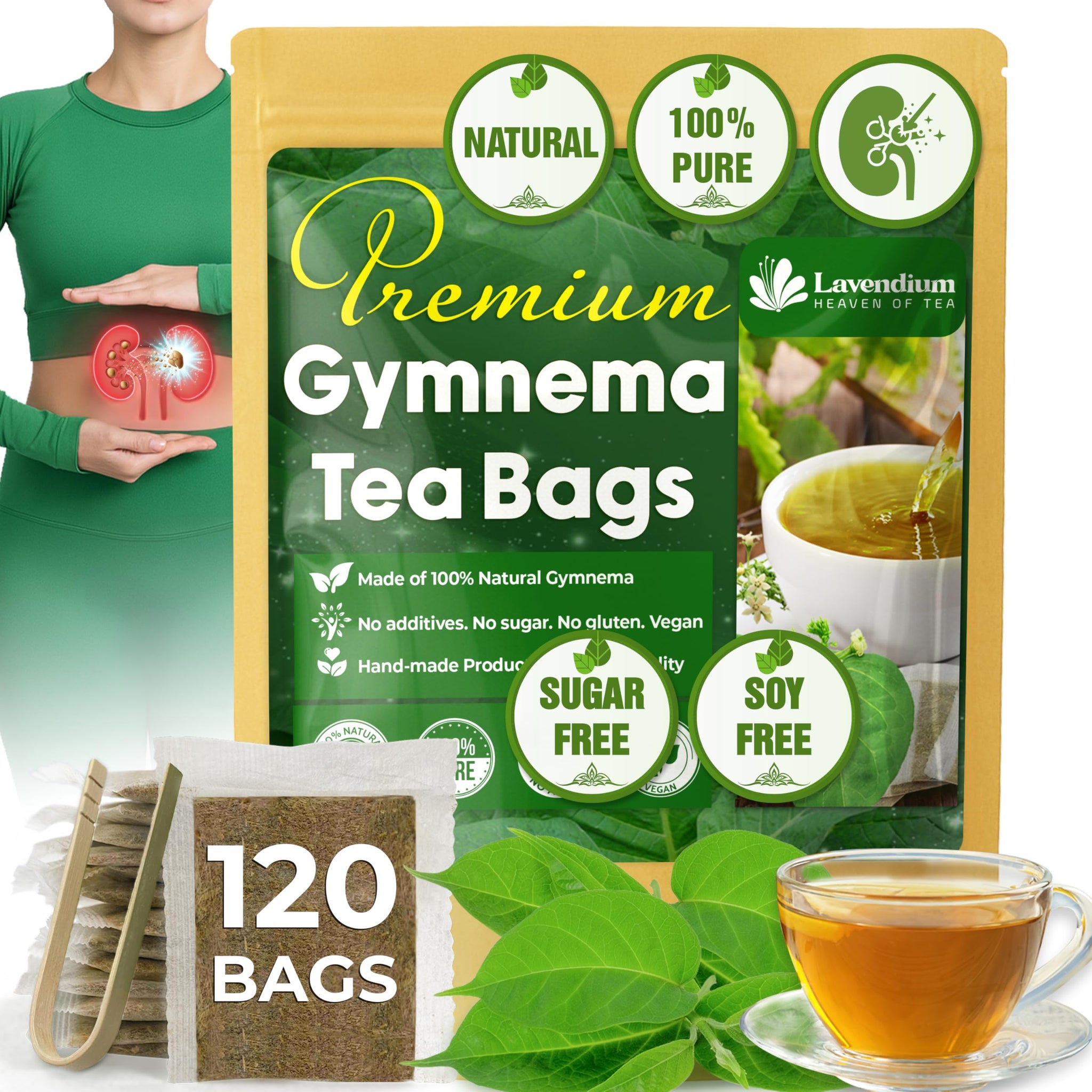 Lavendium, Premium 120 Gymnema Leaf Tea Bags, 100% Natural & Pure from Leaves. Gymnema Tea Bags for Diabetics - COLD-DRIED for Maximum Freshness