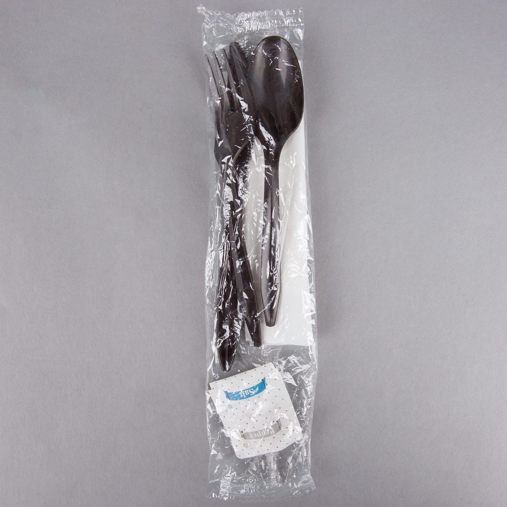 KitchenDine 100 Pack Medium Weight Wrapped Black Plastic Cutlery Pack with Napkin and Salt/Pepper Packets (Black)