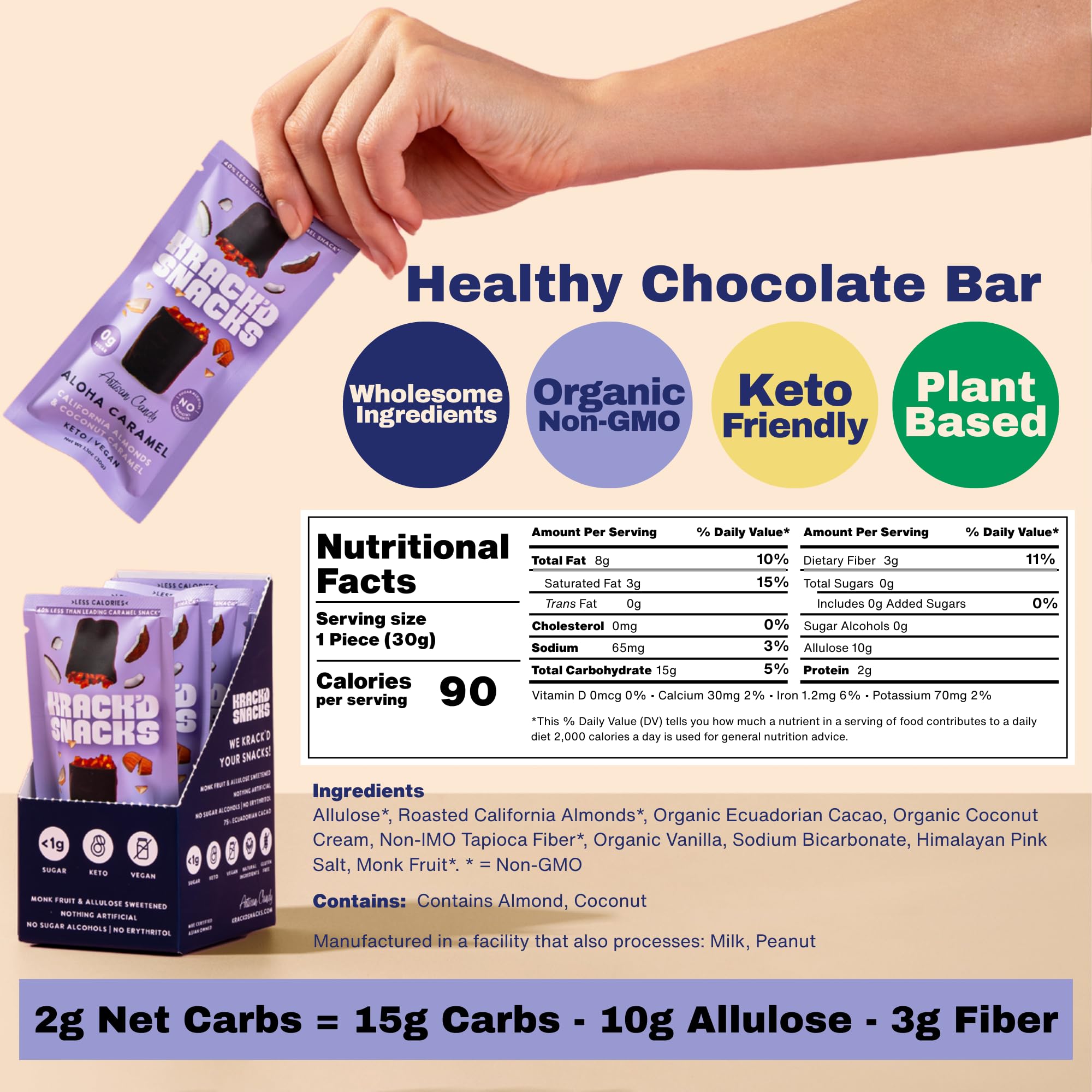 Krack’d Snacks Keto Chocolate Snack Bars - Low Carb, Vegan Chocolate with Almonds and Coconut Caramel - Gluten Free, Sugar Free (Dark Chocolate Aloha