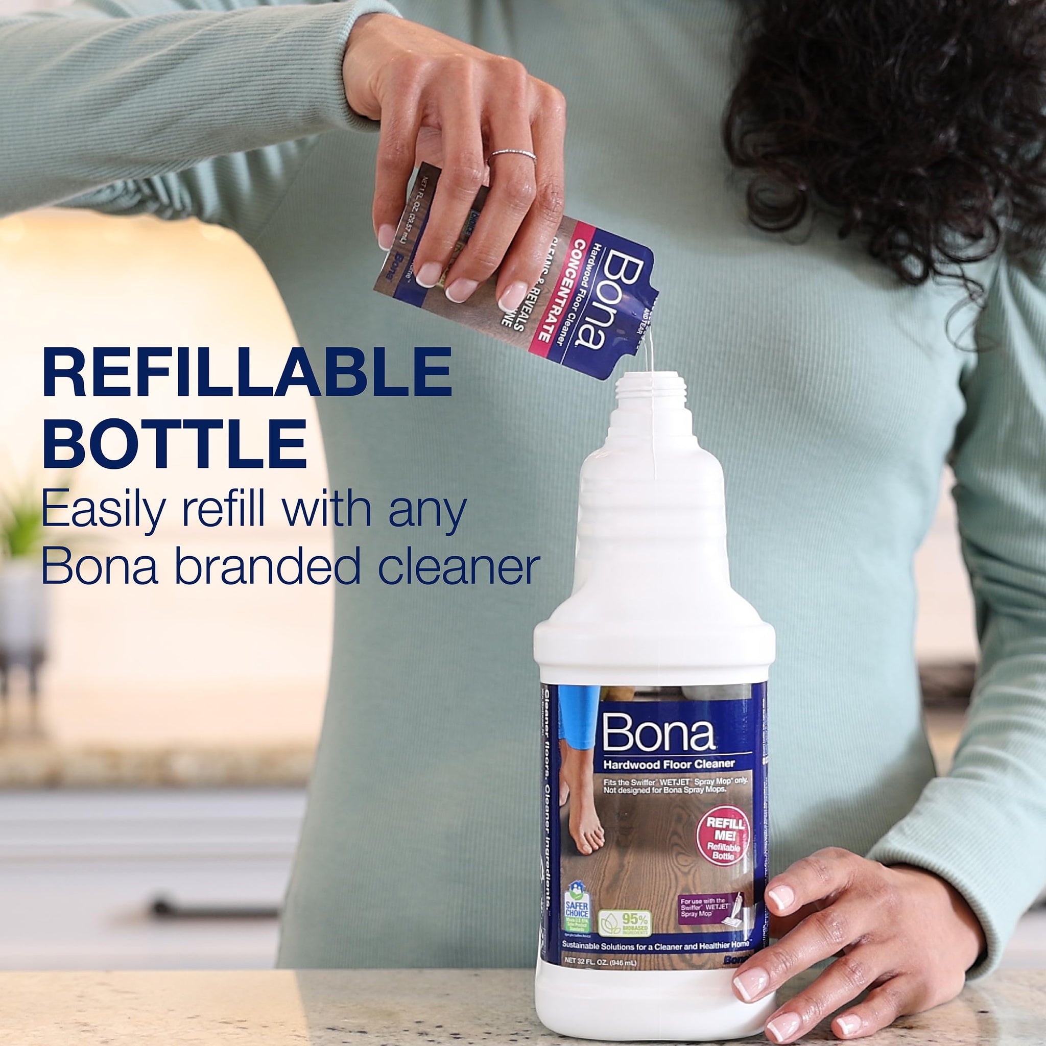 Bona Hardwood Floor Cleaner Bottle for use with Swiffer WETJET Spray Mop, Cedar Wood Scent, makes 64 Fl Oz - Includes Filled Bottle + Concentrate