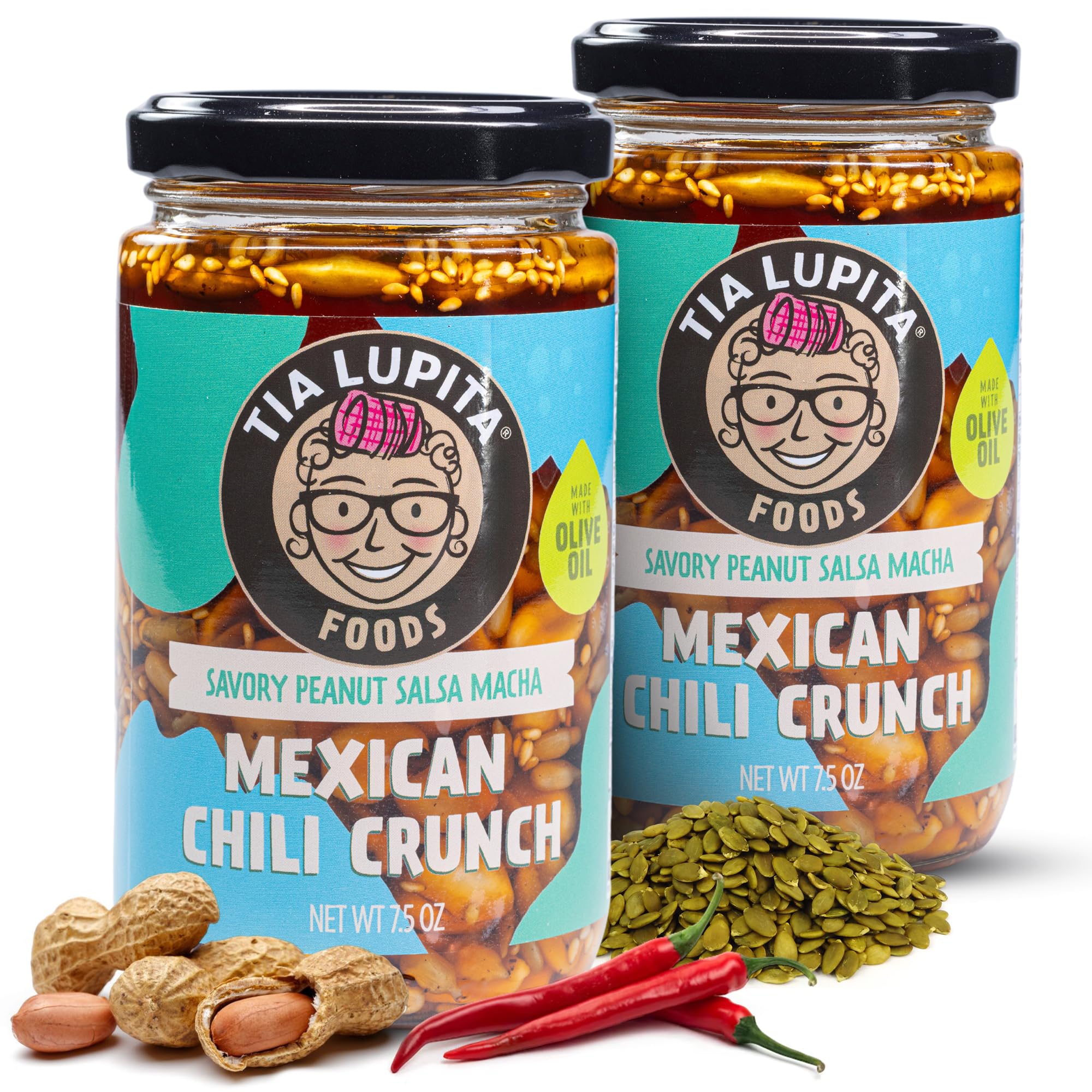 Tia Lupita Mexican Chili Crunch Peanut - Salsa Macha, Crunchy Morita Chili Oil | Gluten-Free, Non-GMO, Vegan | 7.5 Oz (Pack of 2)