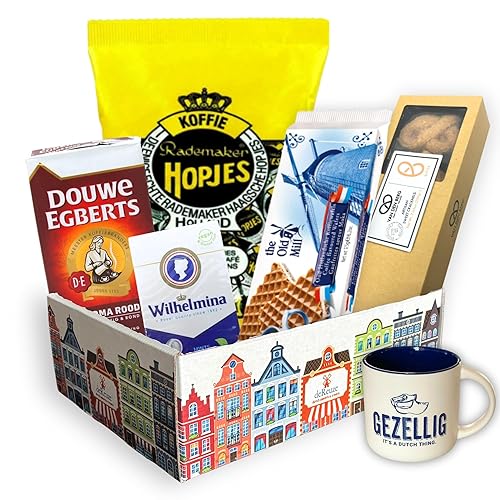 deReuze Netherlands Snack Box Including European Ground Coffee Candy and Wafer Cookies Breath Mints Snack Pack with Gezellig Mug Imported Dutch Gift