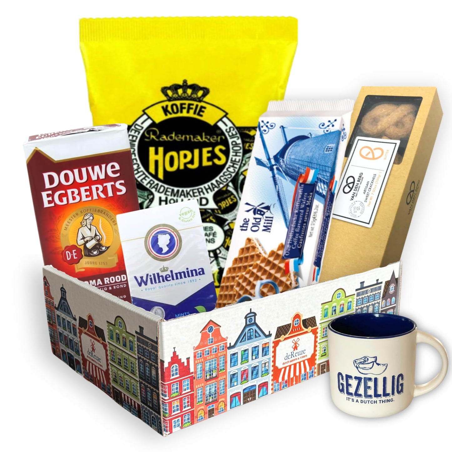 deReuze Netherlands Snack Box Including European Ground Coffee Candy and Wafer Cookies Breath Mints Snack Pack with Gezellig Mug Imported Dutch Gift