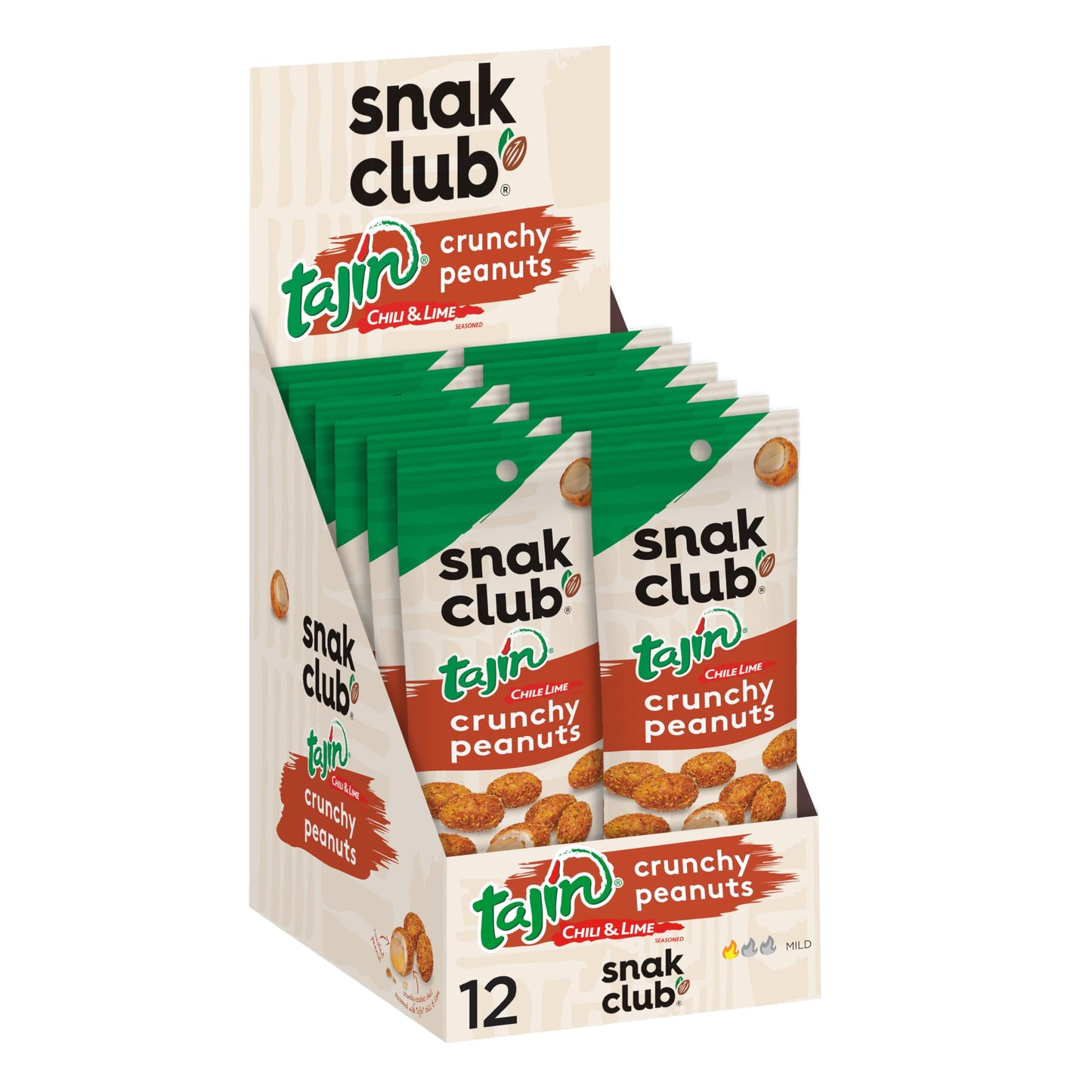 Snak Club Tajin Crunchy Peanuts, Nuts with Chili and Lime Seasoning, Mild, 1.4 oz Bags, 12 Pack